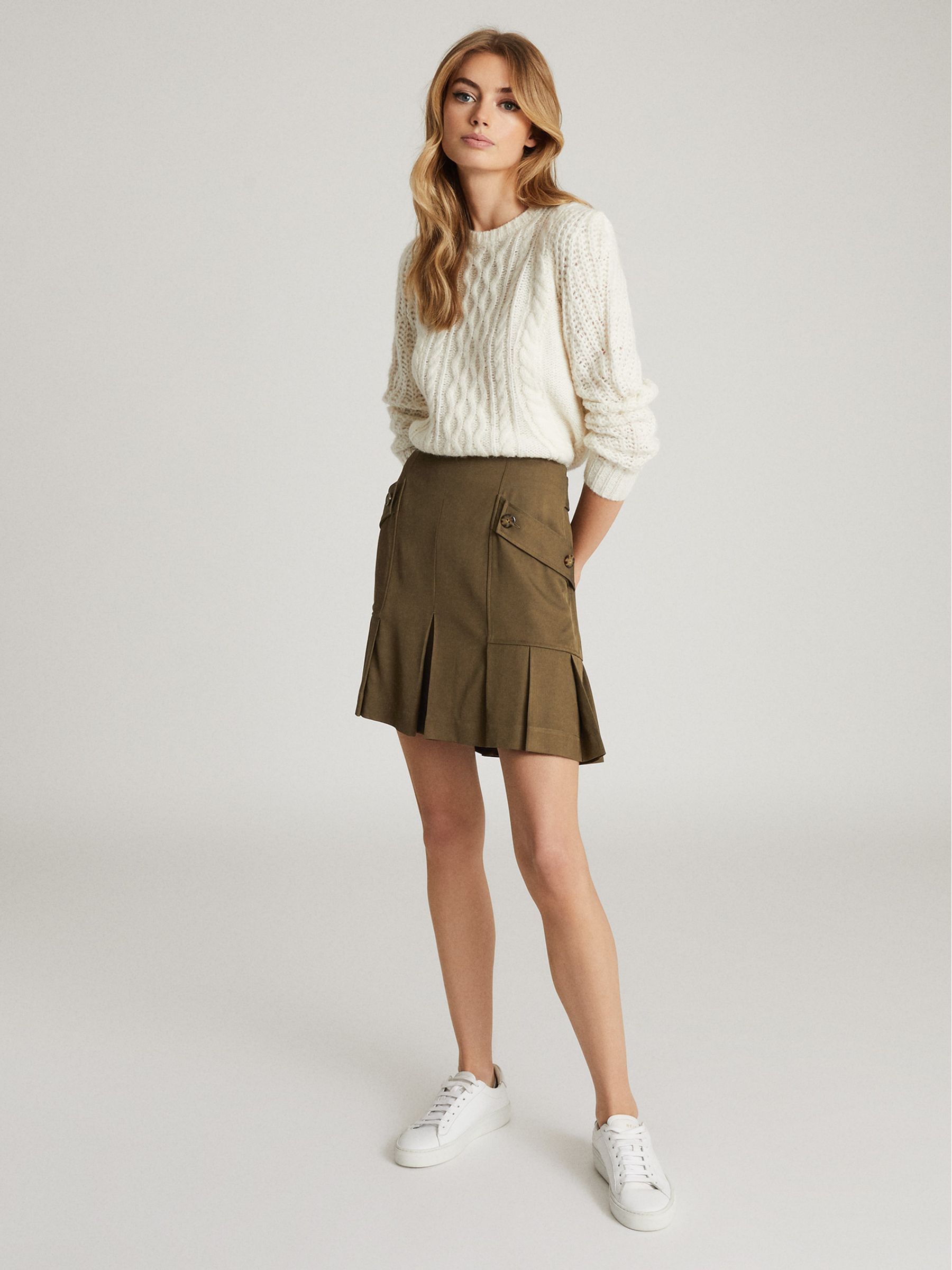 Pleated Mini Skirt in Khaki - Image 1 of 5