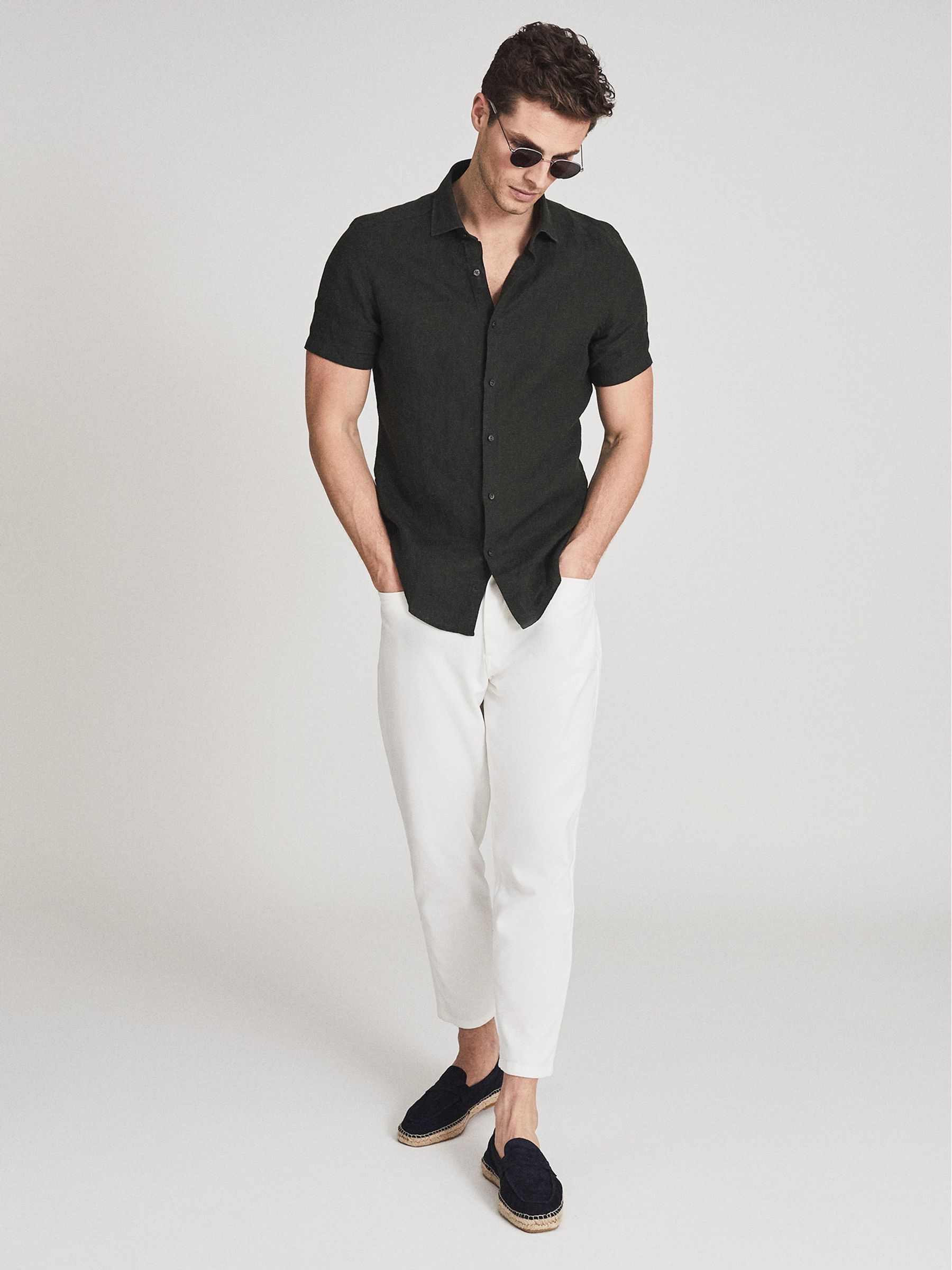 Linen Slim Fit Shirt in Khaki - Image 1 of 6