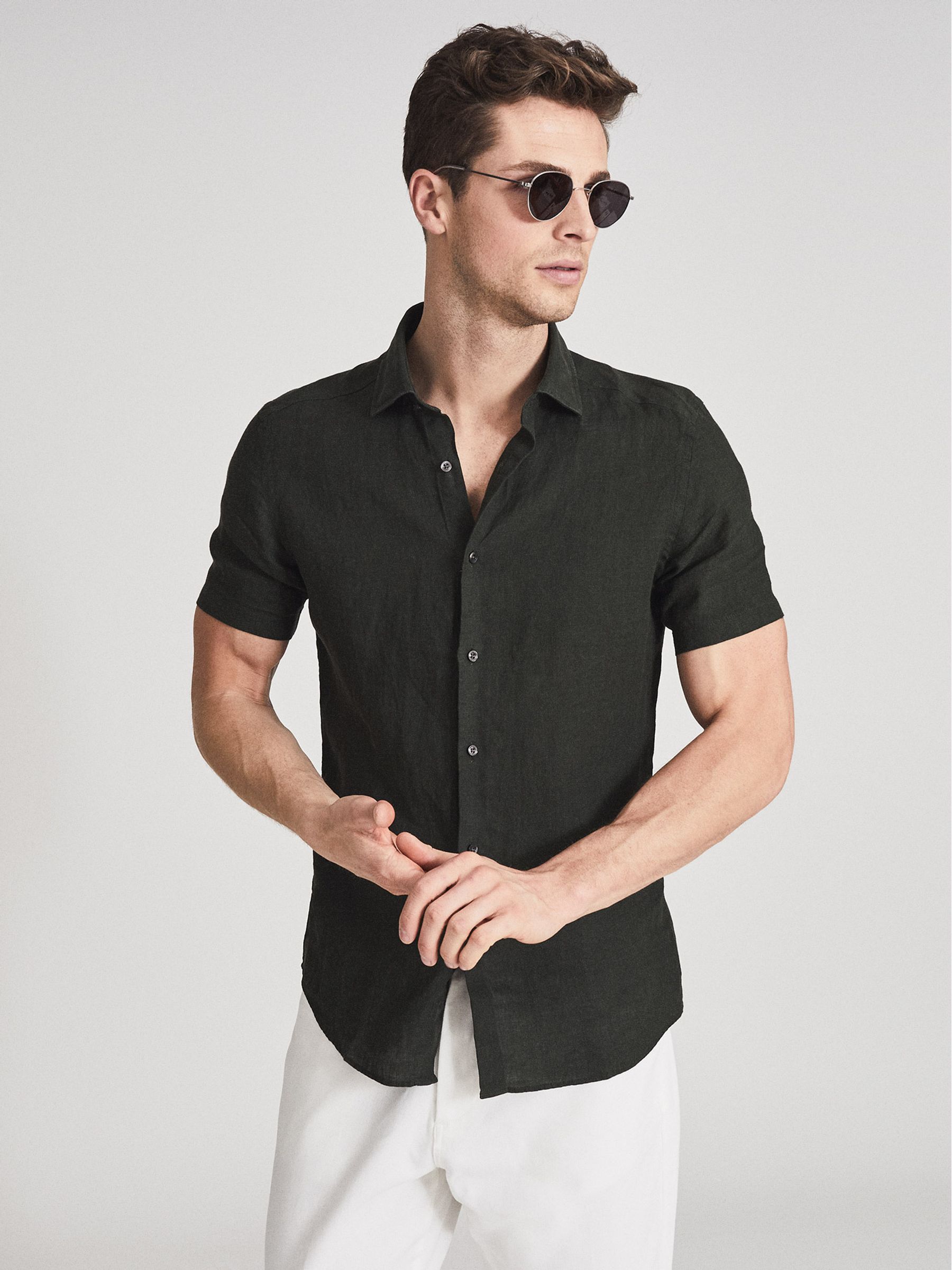 Linen Slim Fit Shirt in Khaki - Image 3 of 6