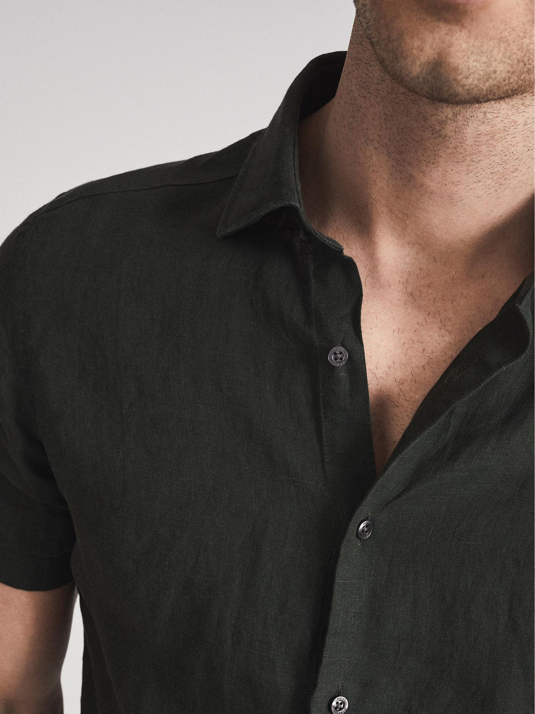 Linen Slim Fit Shirt in Khaki - Image 4 of 6