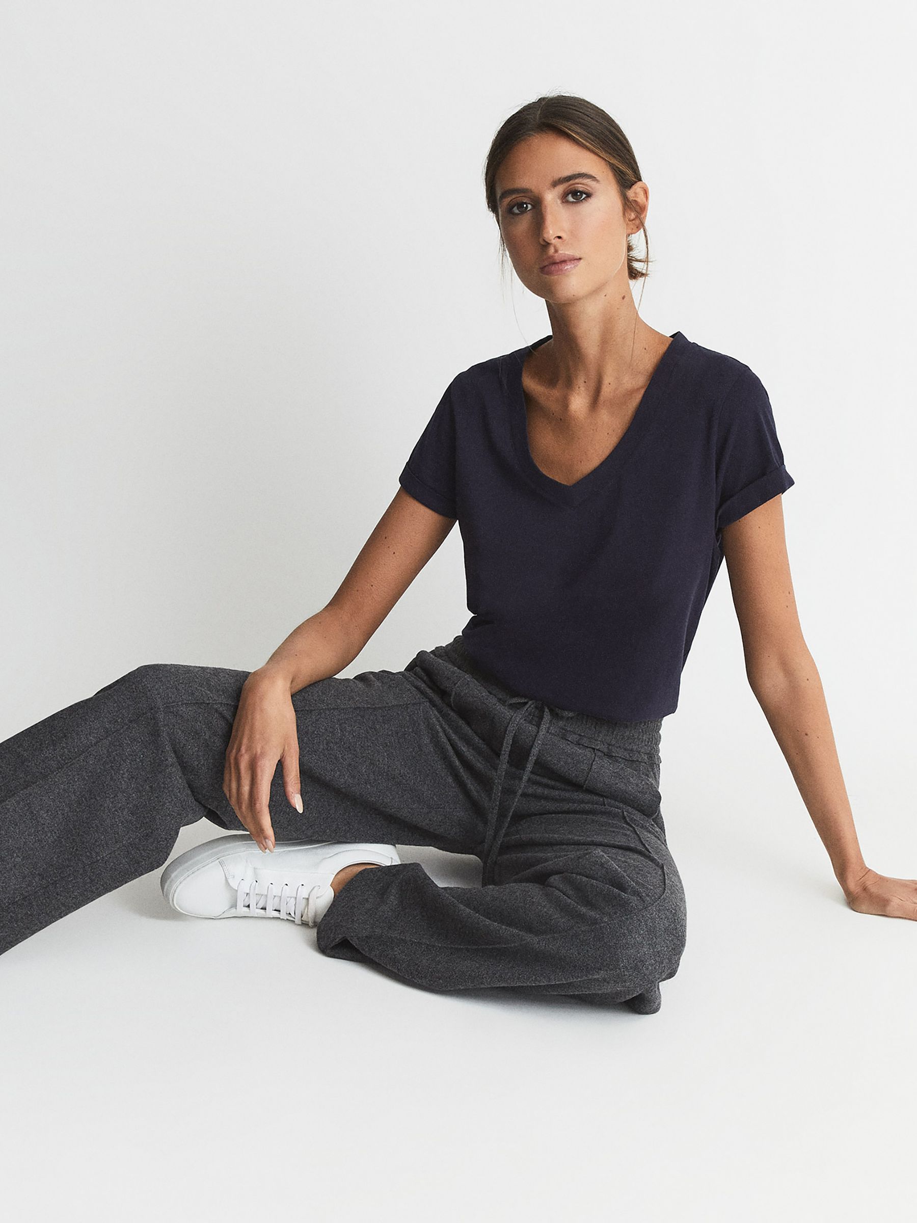 Cotton V-Neck T-Shirt in Navy - Image 1 of 6