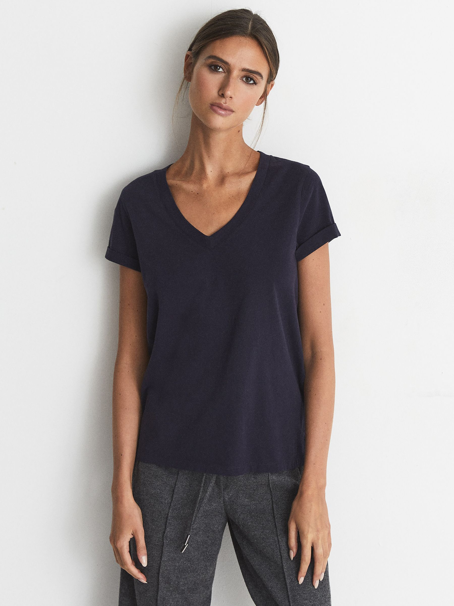 Cotton V-Neck T-Shirt in Navy - Image 4 of 6