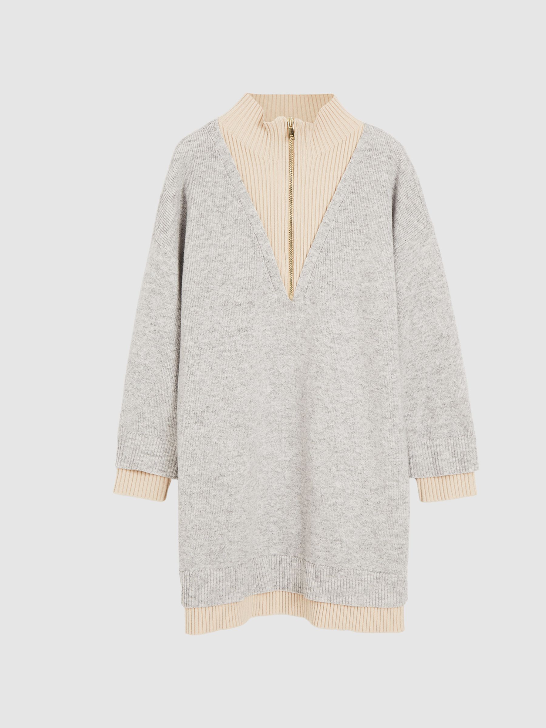 Panelled Ribbed Zip Neck Jumper Dress in Grey - Image 2 of 6