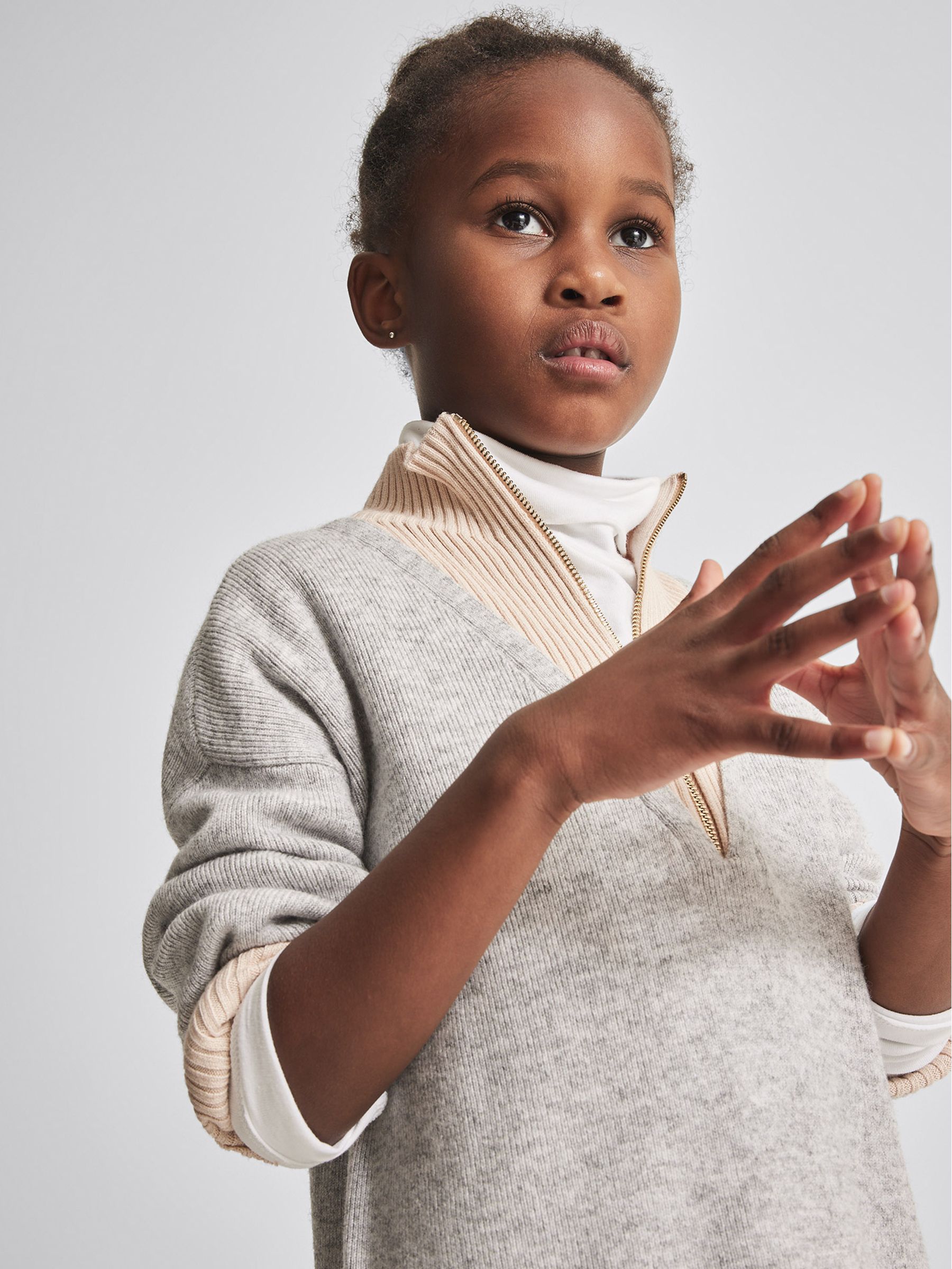 Panelled Ribbed Zip Neck Jumper Dress in Grey - Image 3 of 6