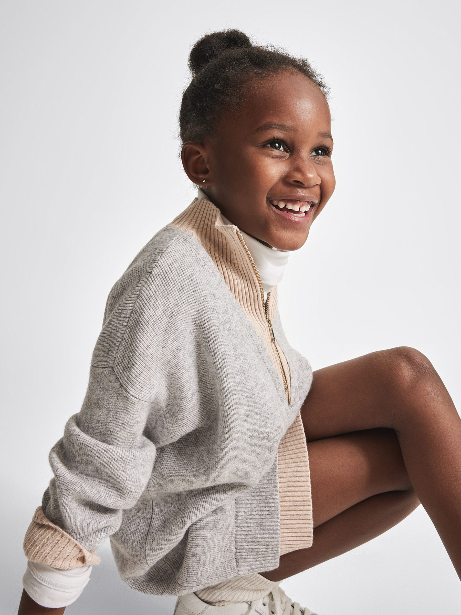 Panelled Ribbed Zip Neck Jumper Dress in Grey - Image 4 of 6