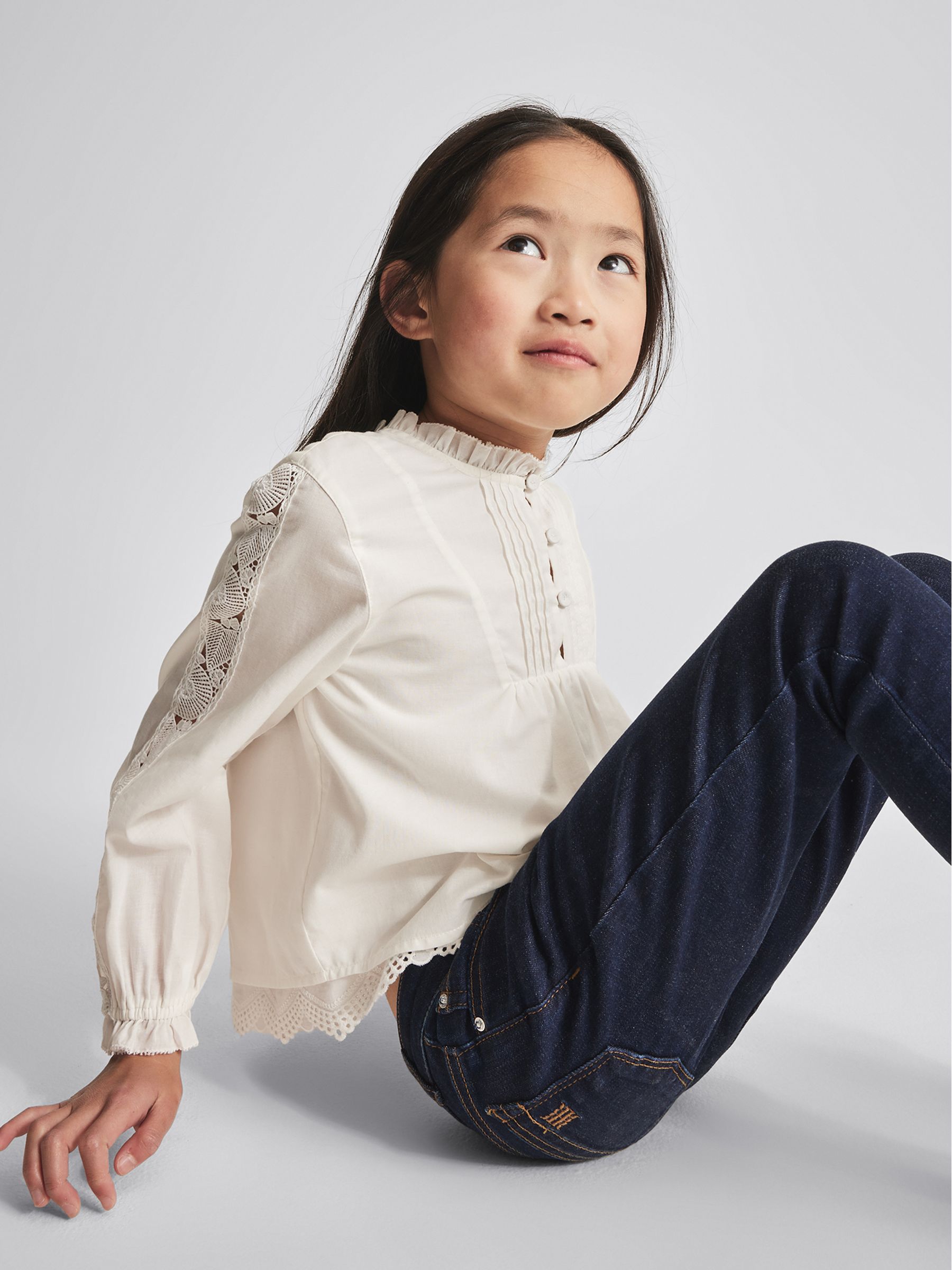 Kanten katoenen poplin top in wit - Afbeelding 4 van 6