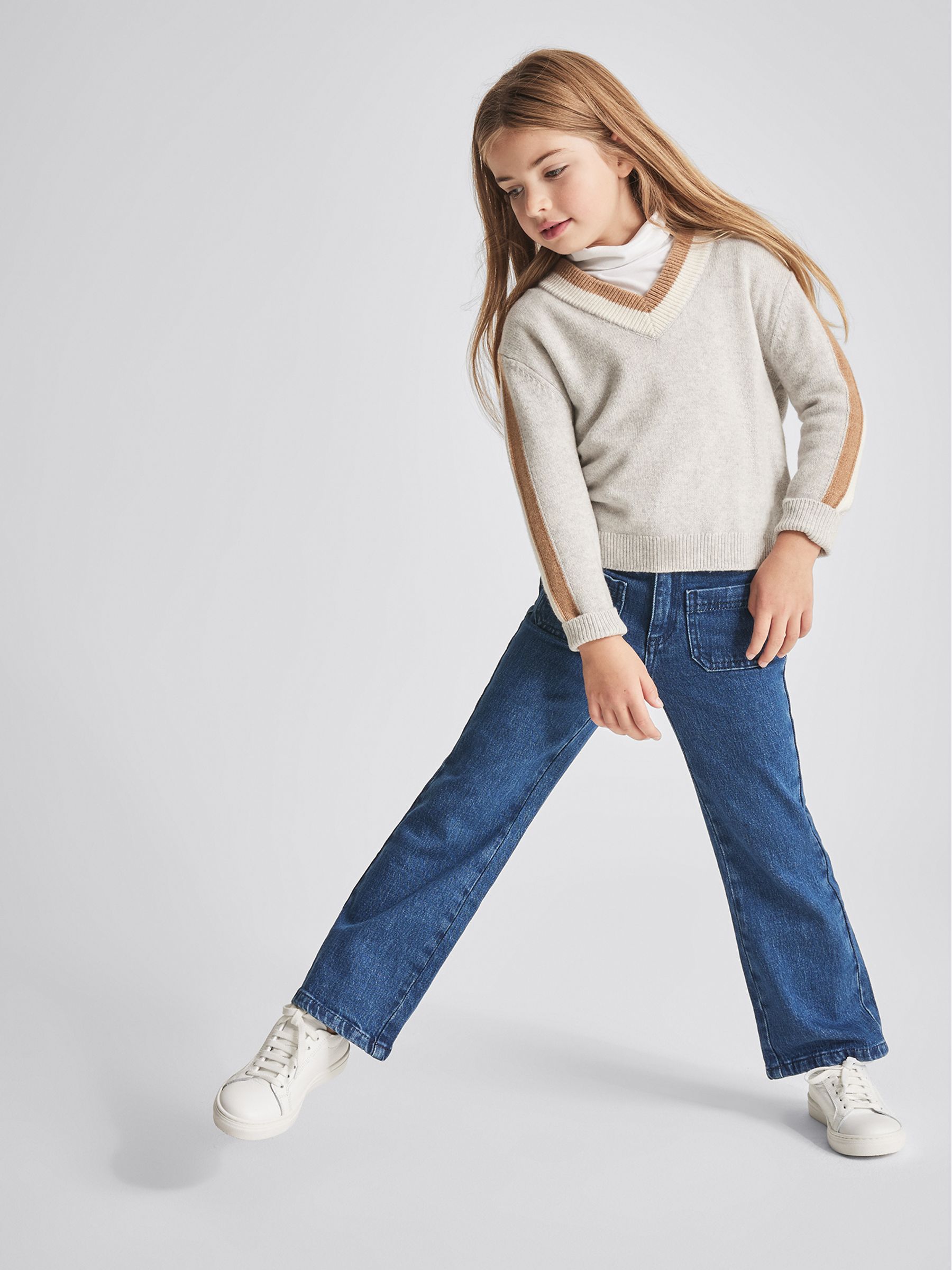 Stripe Trim V Neck Jumper in Grey - Image 1 of 6