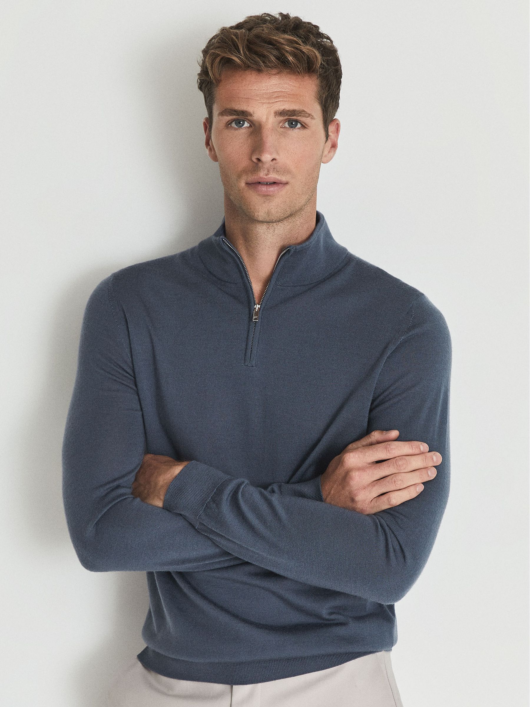 Merino Wool Zip Neck Jumper in Steel Blue - Image 1 of 7 Merino Wool Zip Neck Jumper in Steel Blue - Image 1 of 7