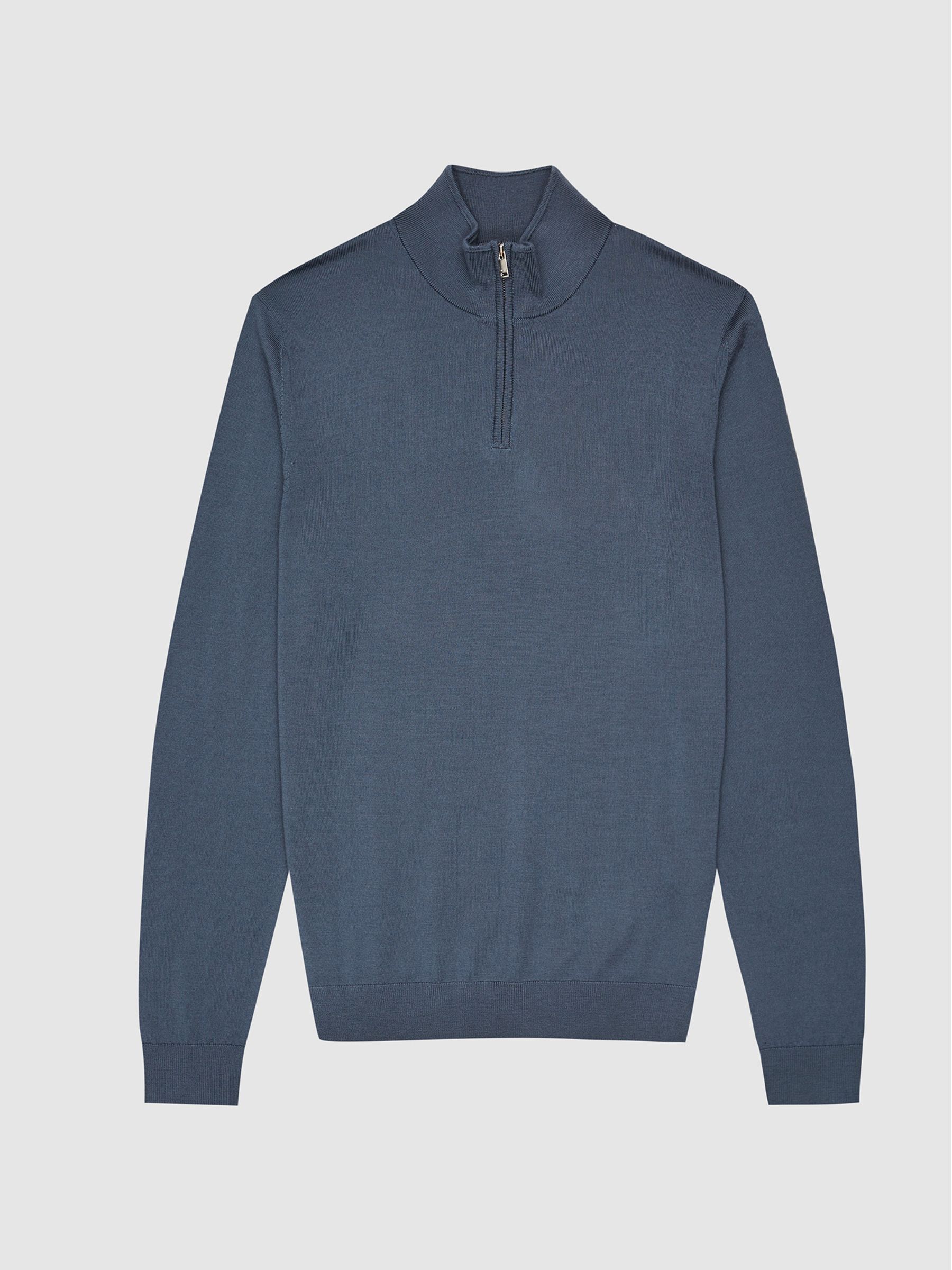 Merino Wool Zip Neck Jumper in Steel Blue - Image 2 of 7 Merino Wool Zip Neck Jumper in Steel Blue - Image 2 of 7