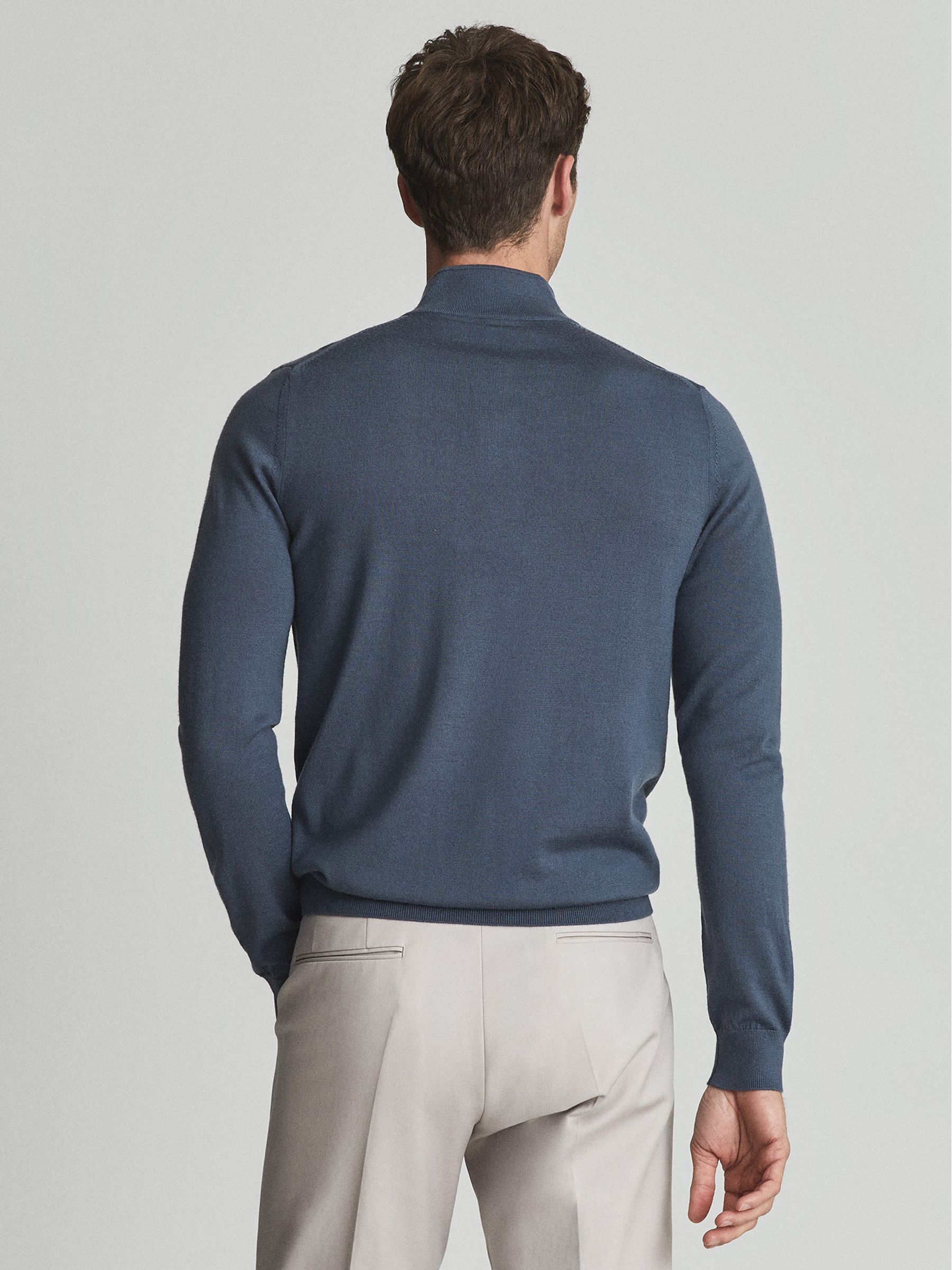 Merino Wool Zip Neck Jumper in Steel Blue - Image 5 of 7