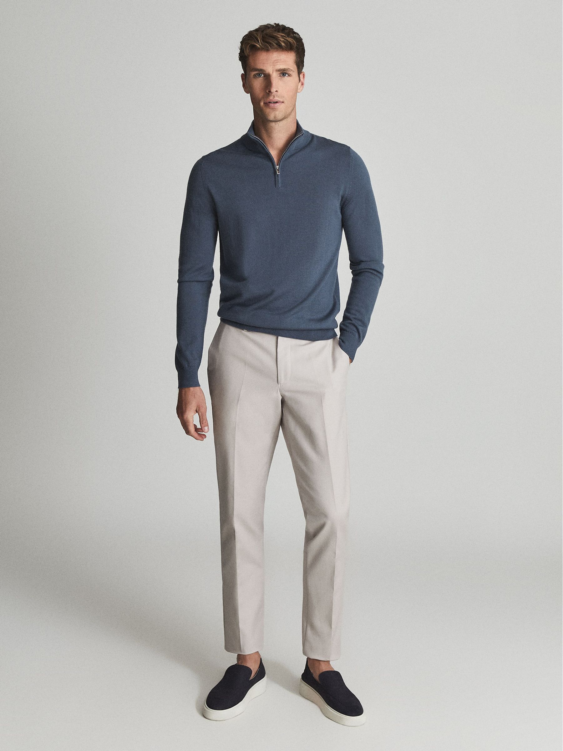 Merino Wool Zip Neck Jumper in Steel Blue - Image 6 of 7