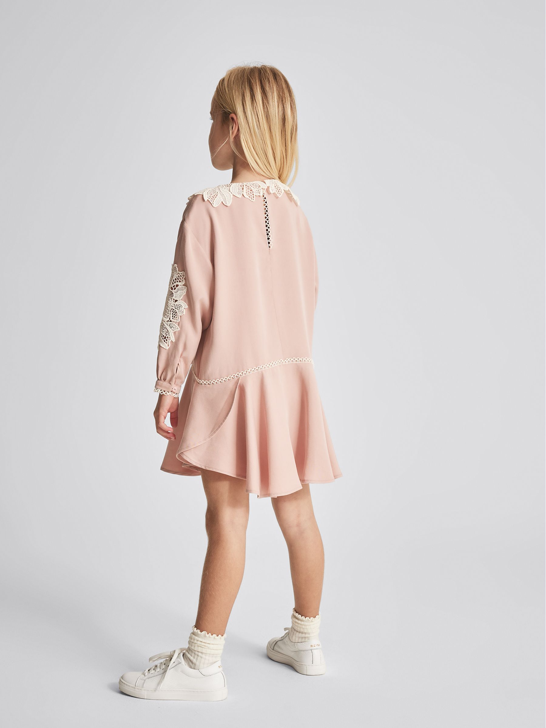 Reiss Lace Trim Mini Dress in Pink | REISS