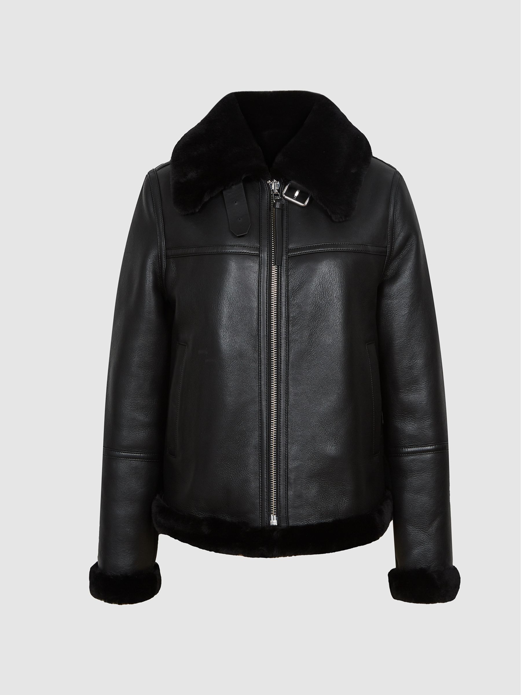 Reversible Shearling Aviator Jacket in Black - Image 2 of 7