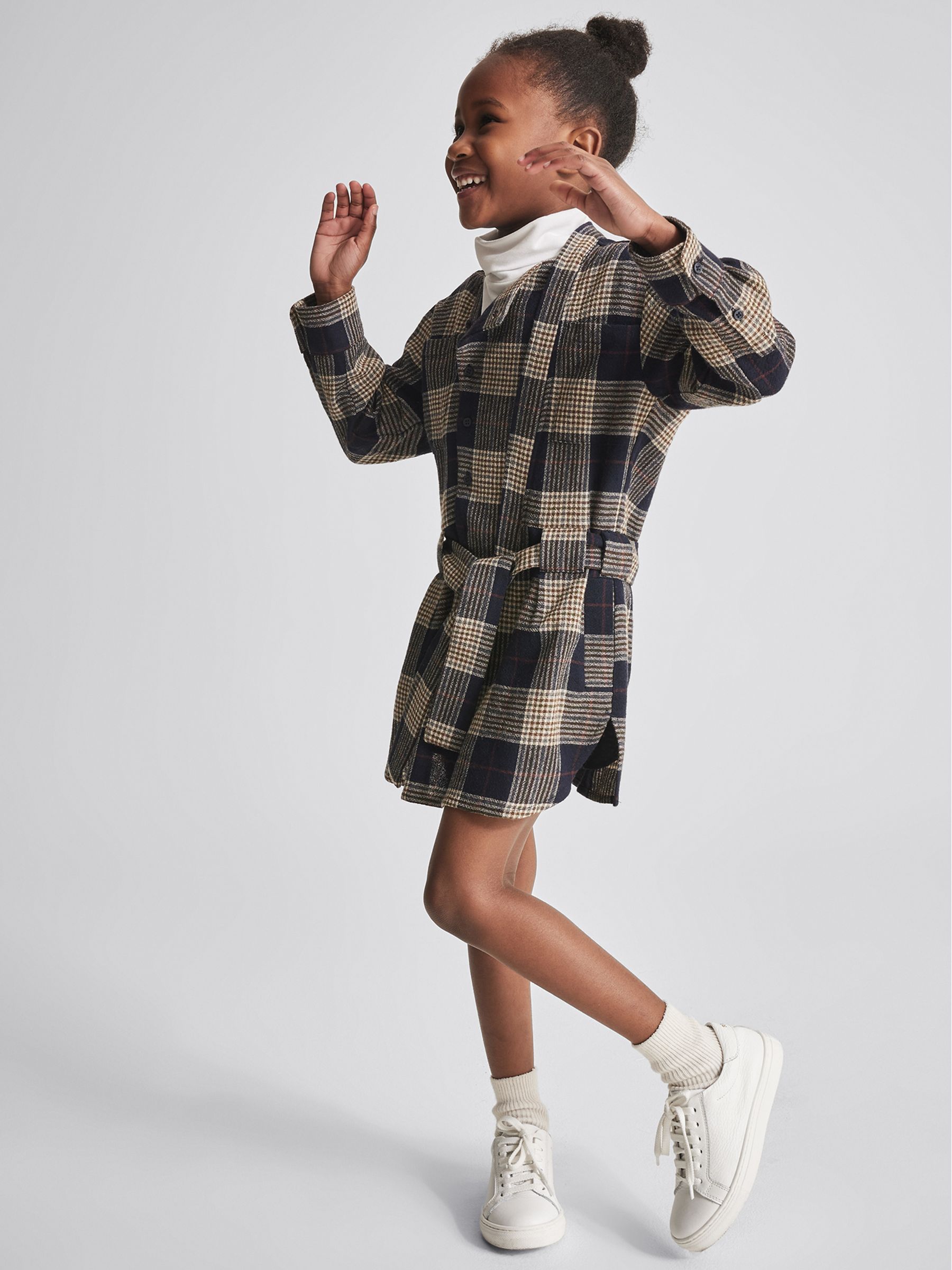 Checked Wool Blend Dress in Navy - Image 1 of 6