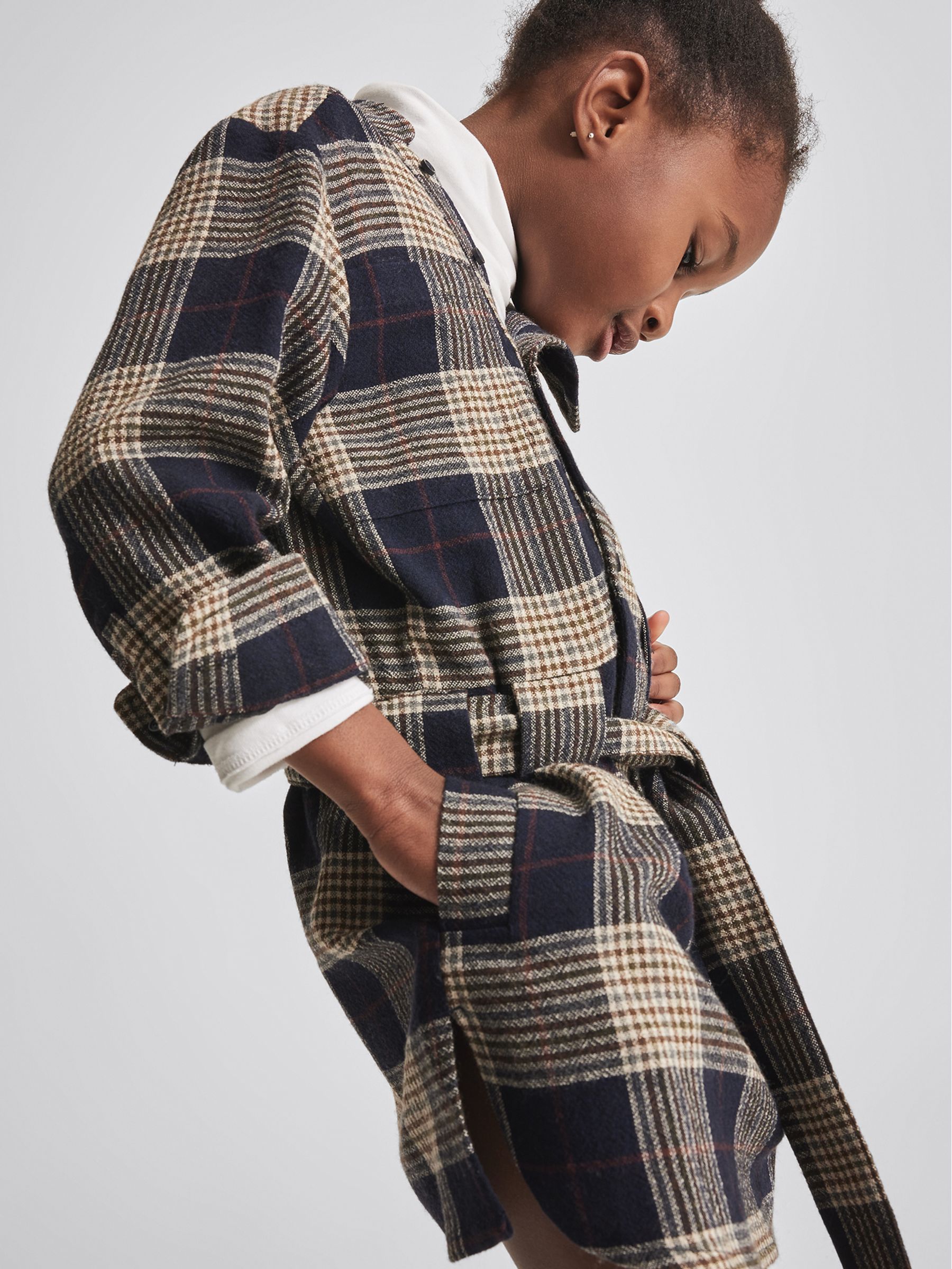 Checked Wool Blend Dress in Navy - Image 4 of 6