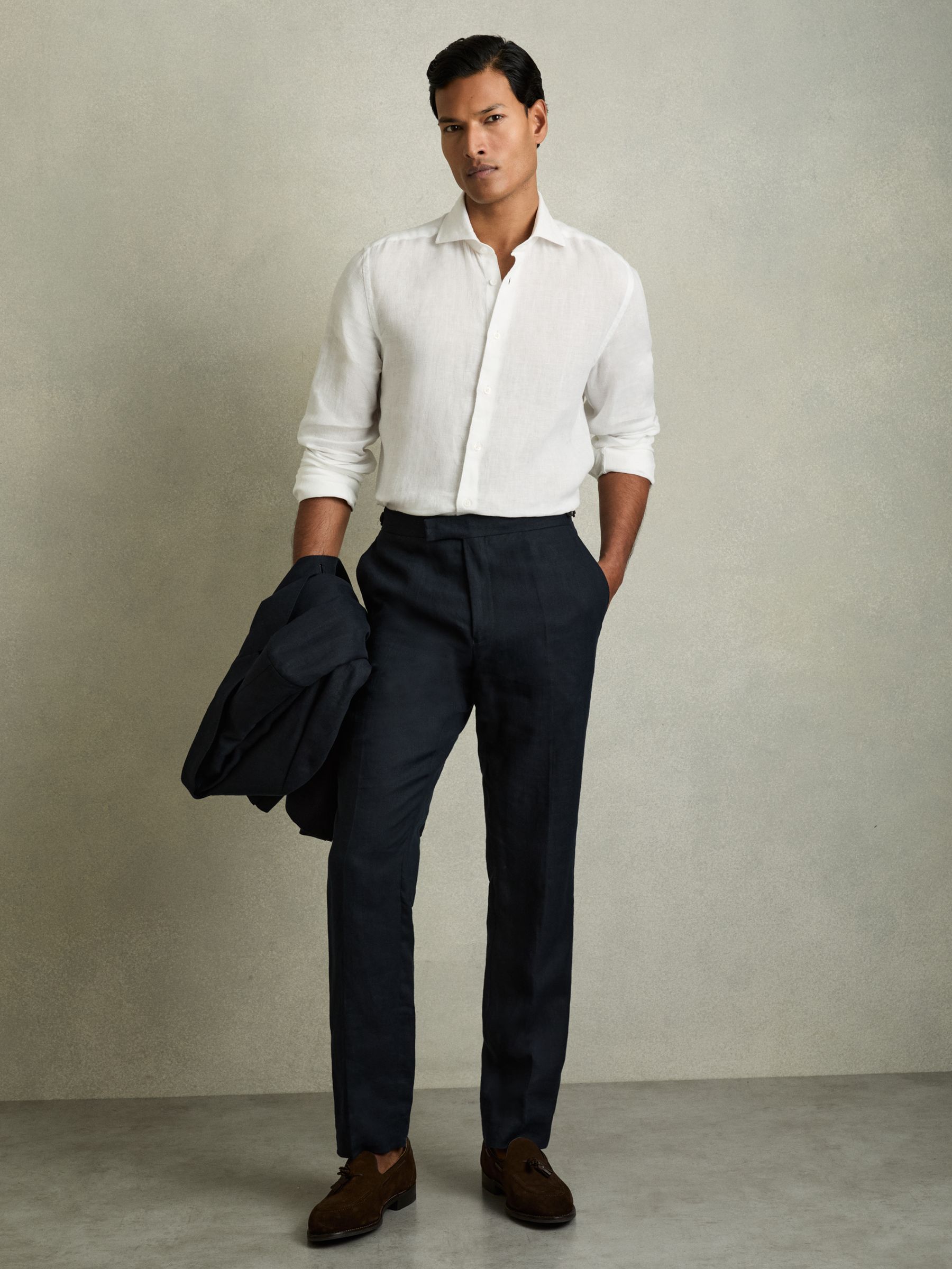 Linen Striped Cutaway-Collar Shirt in White - Image 3 of 8