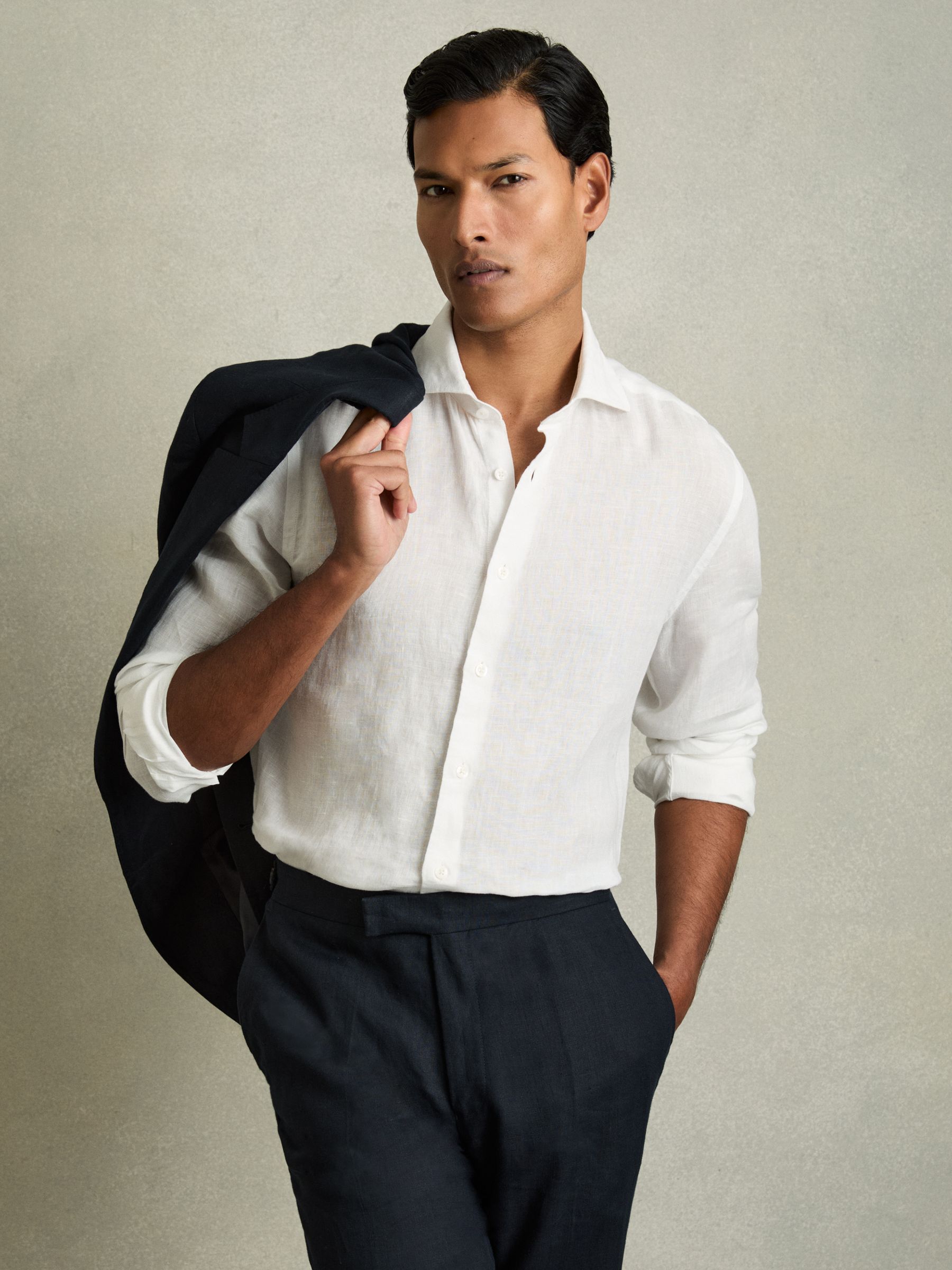 Linen Striped Cutaway-Collar Shirt in White - Image 6 of 8