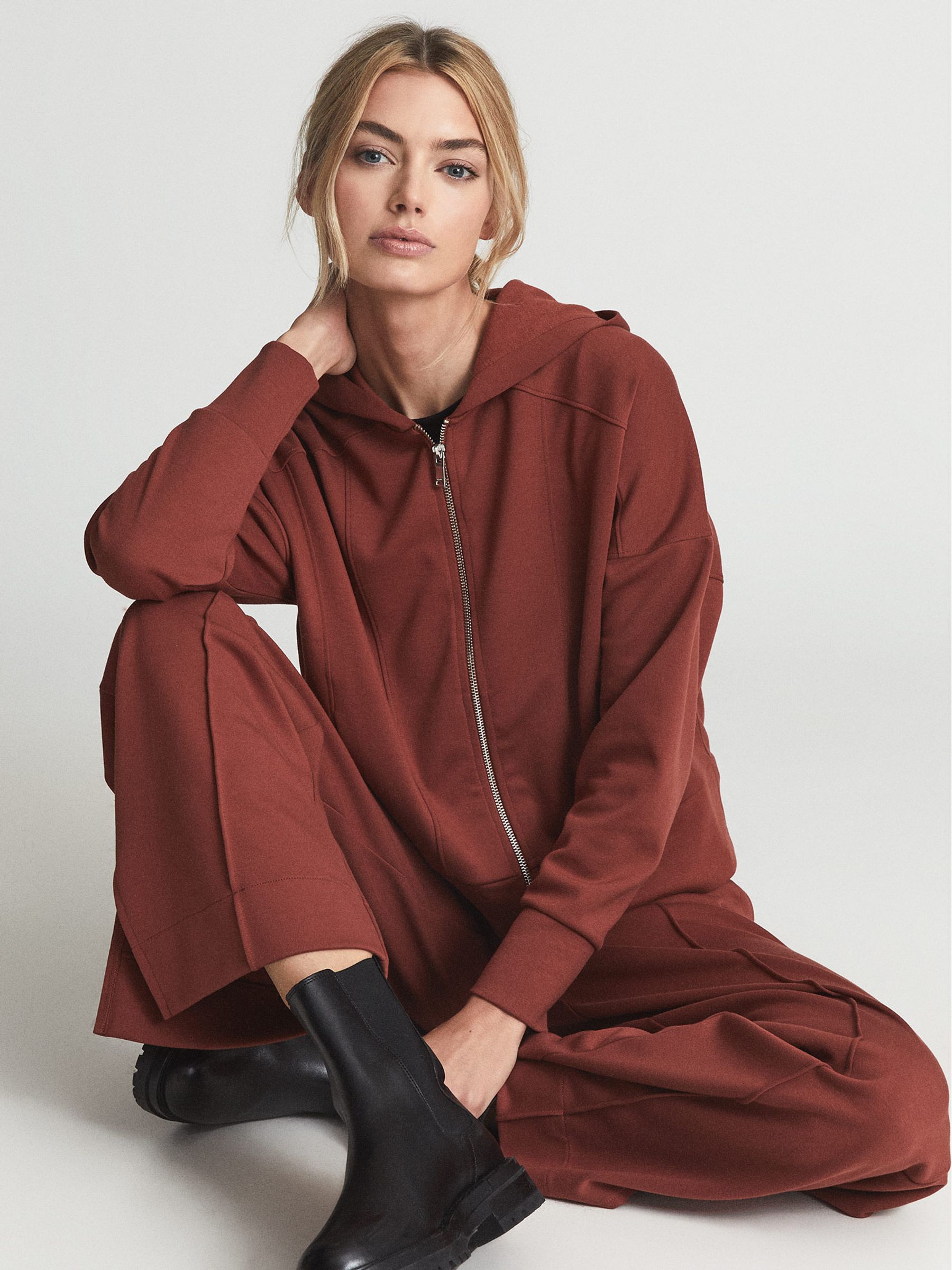 Technical Jersey Zipped Hoodie in Rust - Image 1 of 6