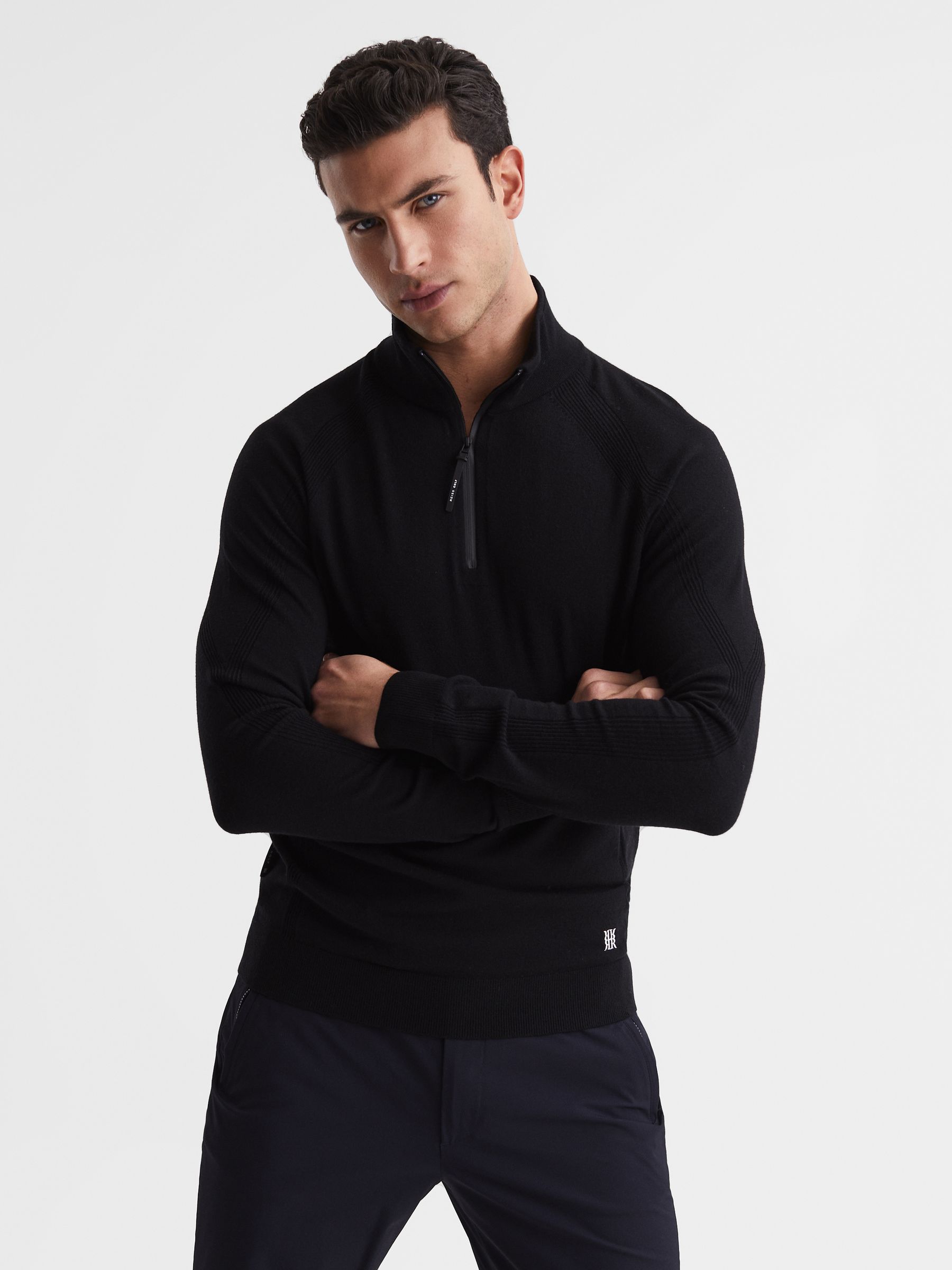 Golf Stretch Merino Zip Neck Jumper in Black - Image 1 of 7
