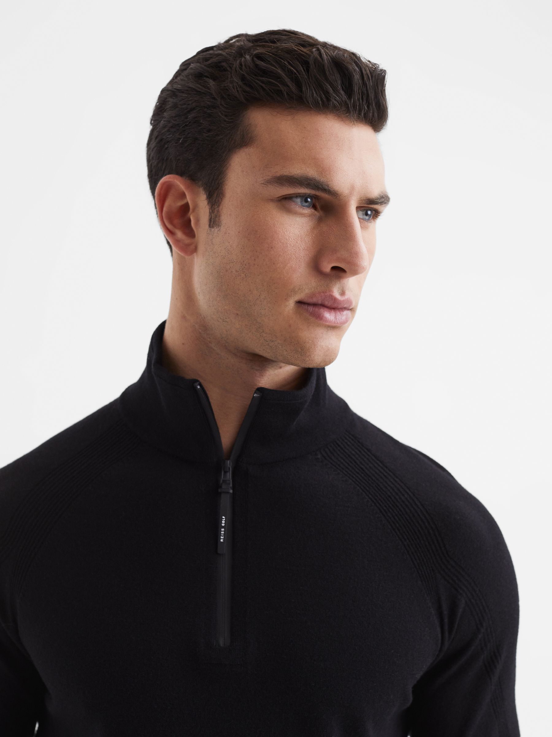 Golf Stretch Merino Zip Neck Jumper in Black - Image 4 of 7