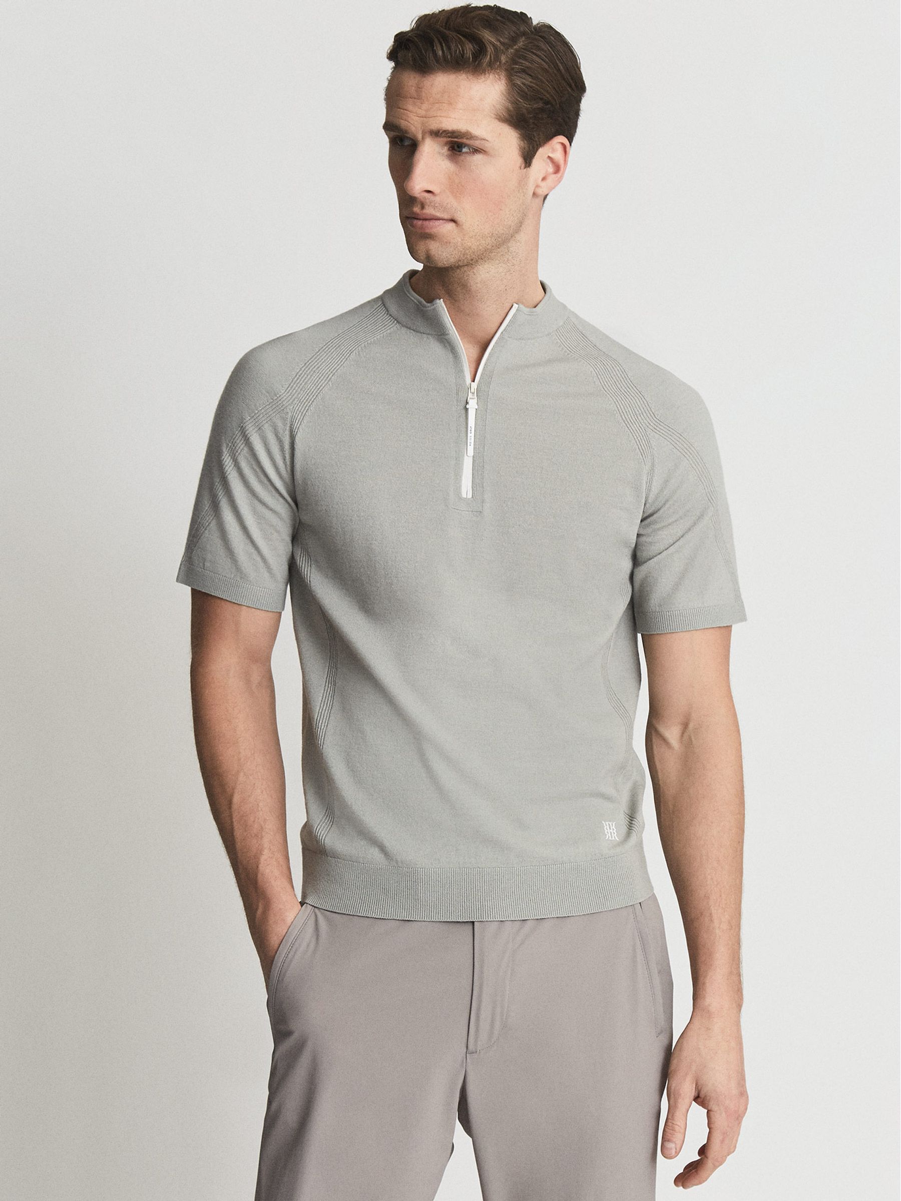 Half Zip Funnel Neck Polo T-Shirt in Sage - Image 4 of 5