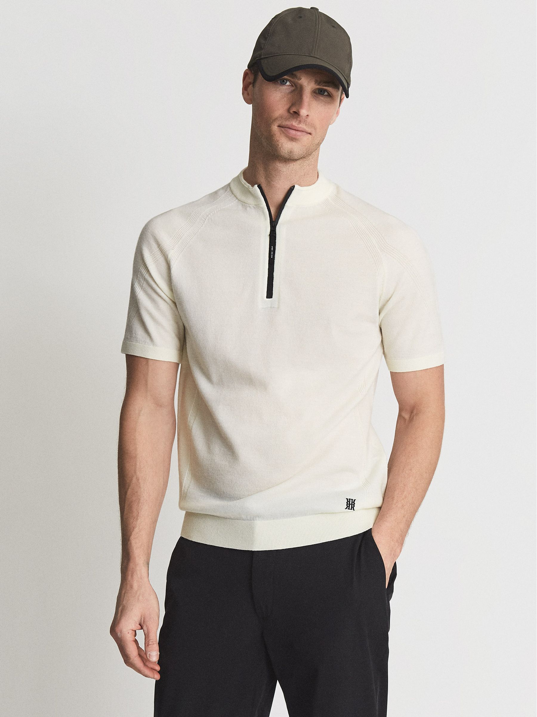 Half Zip Funnel Neck Polo T-Shirt in Ecru - Image 1 of 6