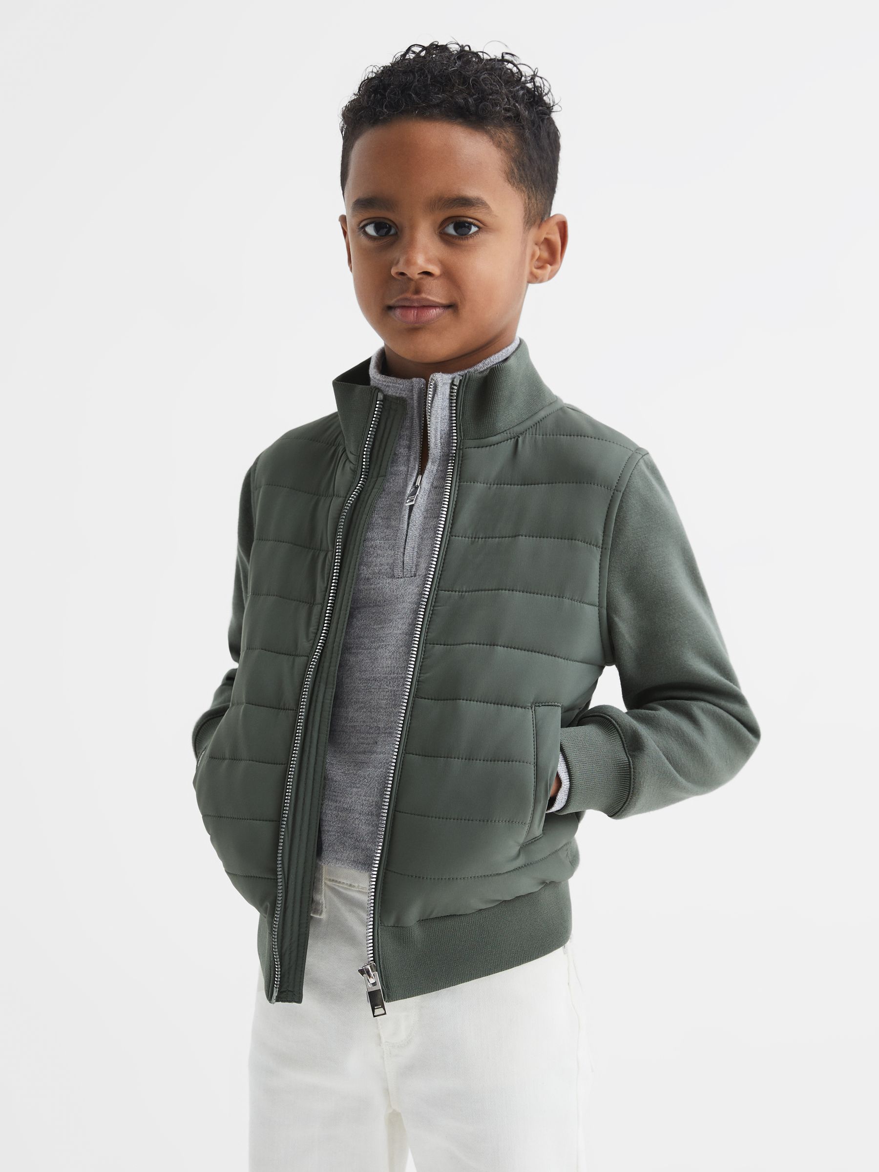 Funnel Neck Quilted Hybrid Jacket in Sage - Image 1 of 6