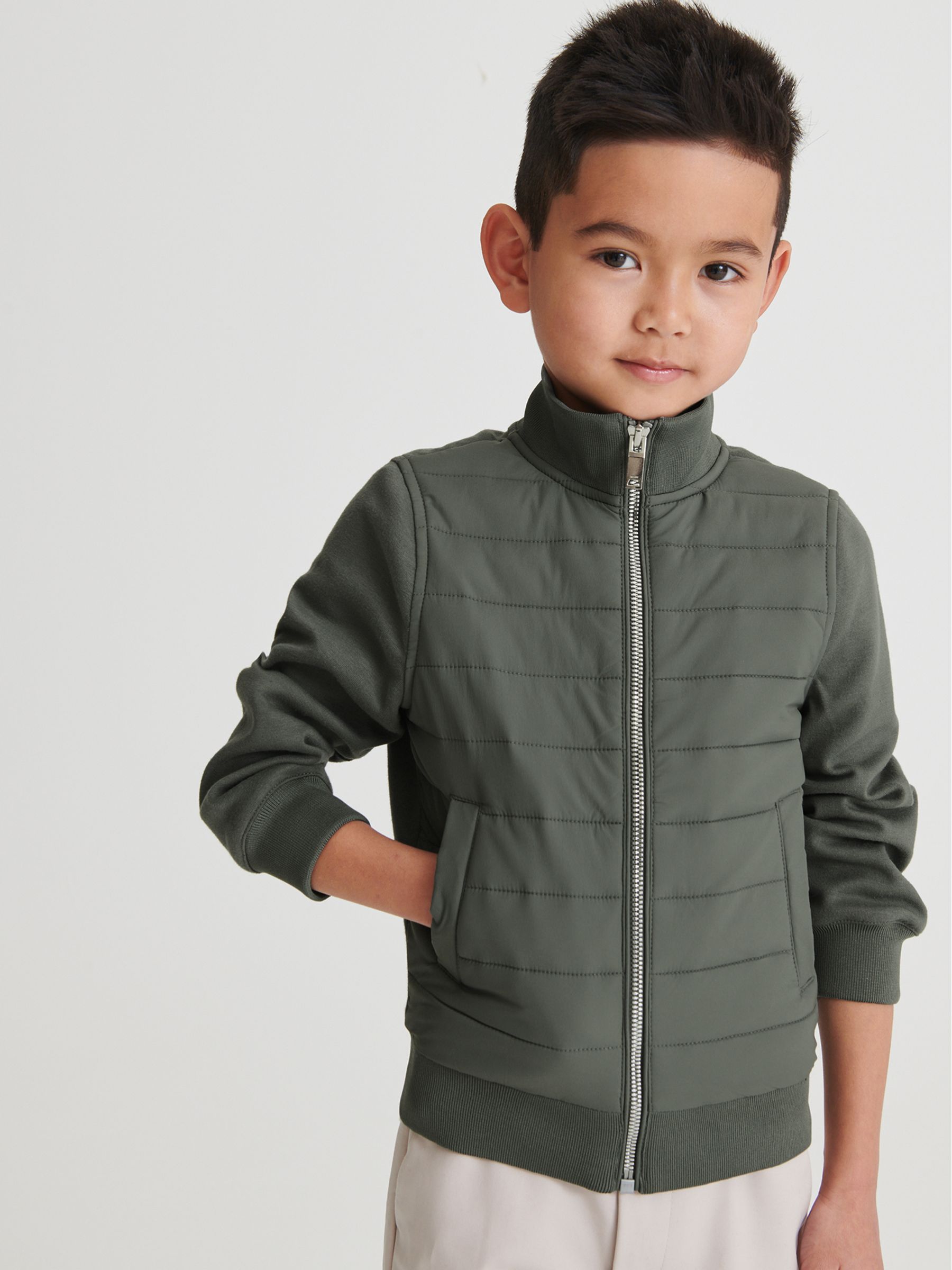 Funnel Neck Quilted Hybrid Jacket in Sage - Image 4 of 6