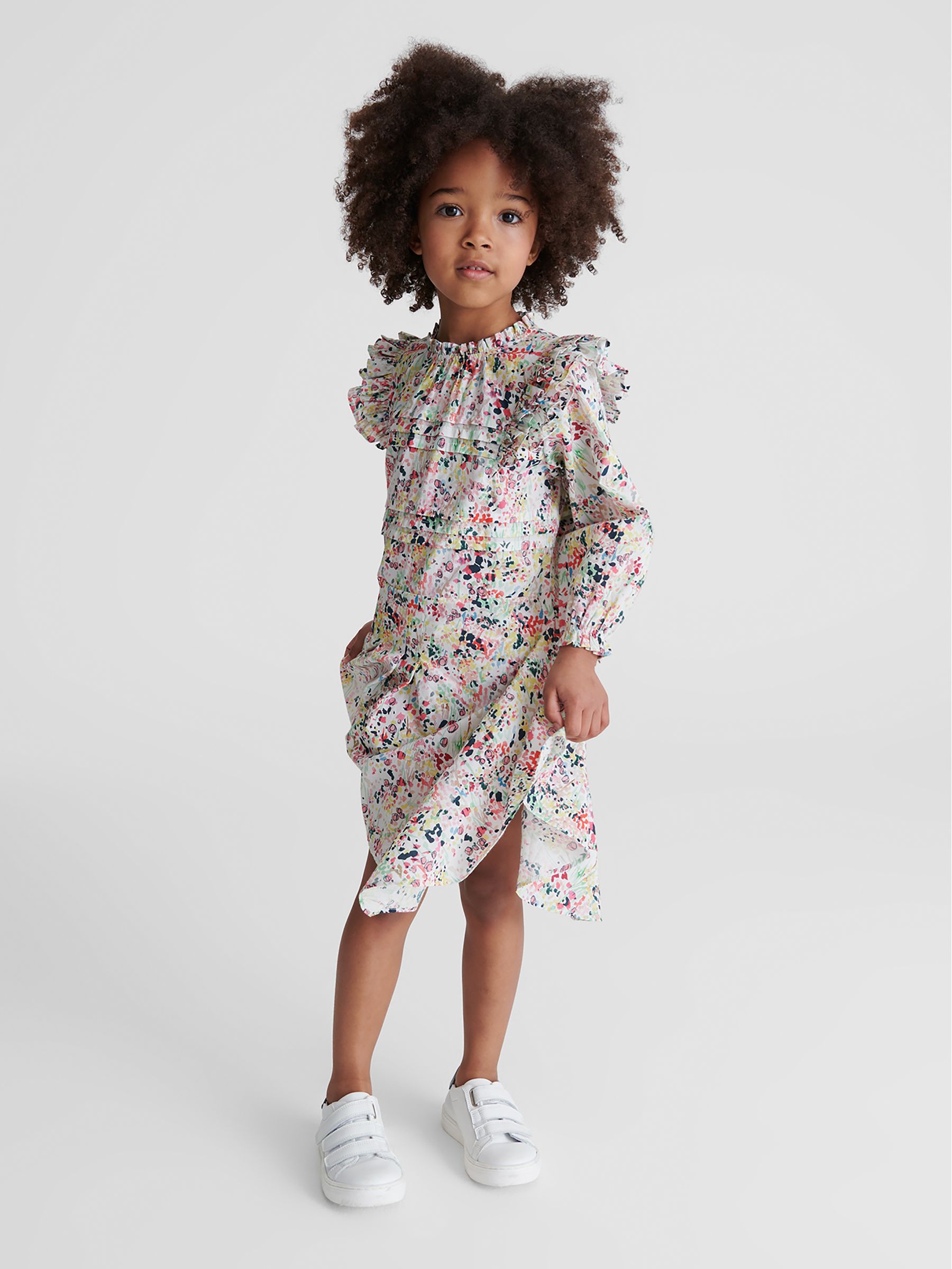 Printed Ruffle Dress in Coral - Image 1 of 8