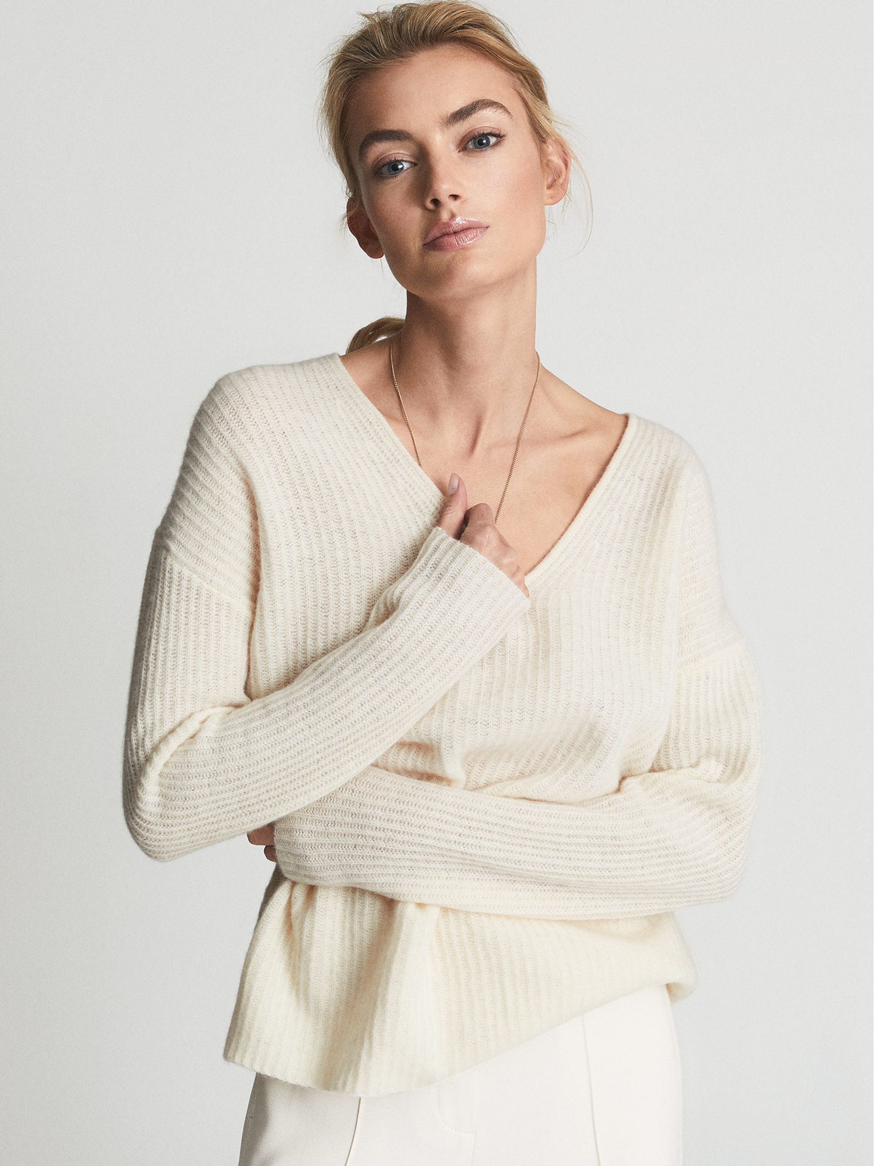 Ribbed Cashmere Blend Jumper in White - Image 1 of 7