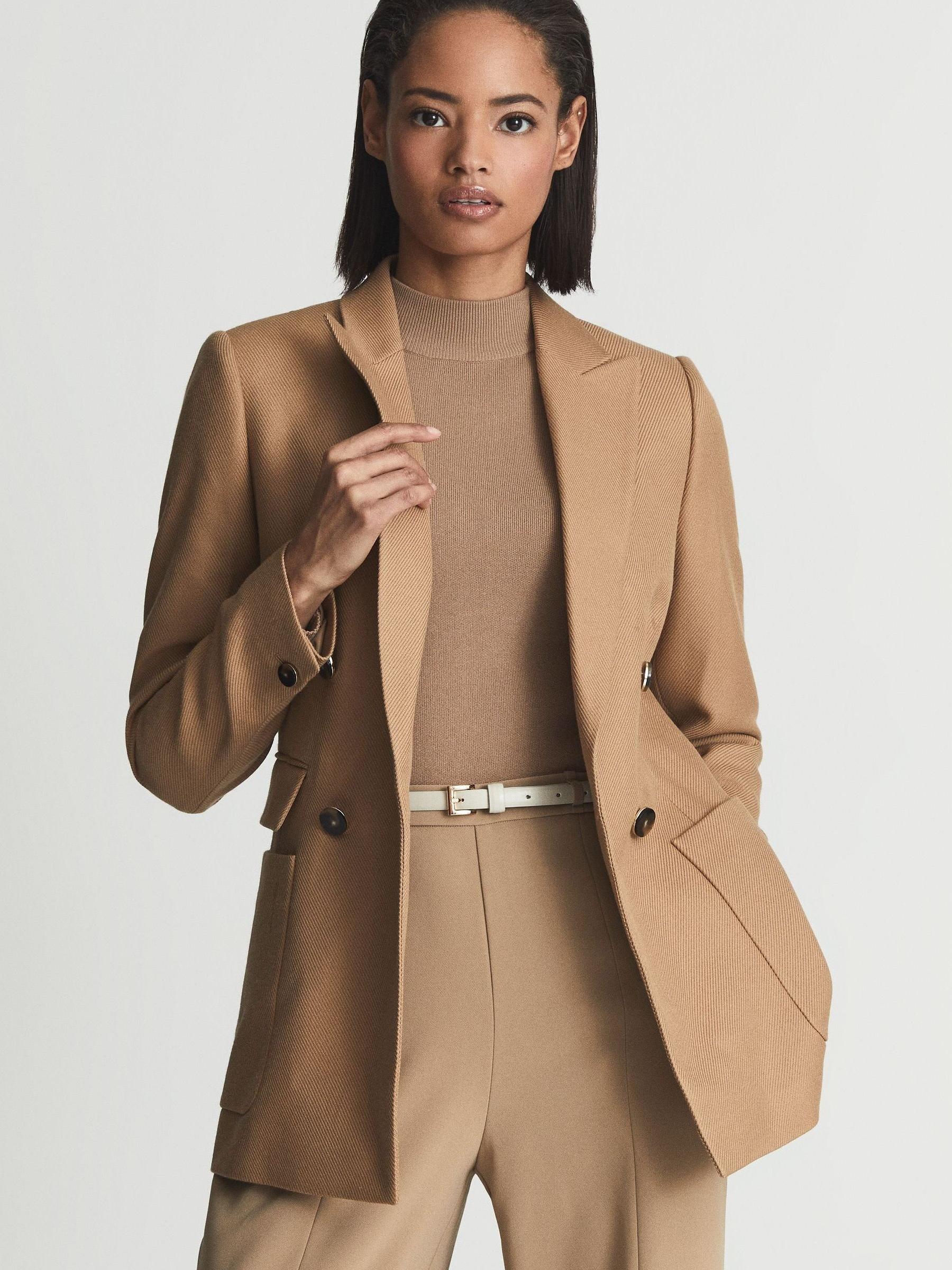 Double Breasted Twill Blazer in Camel - Image 1 of 6 Double Breasted Twill Blazer in Camel - Image 1 of 6