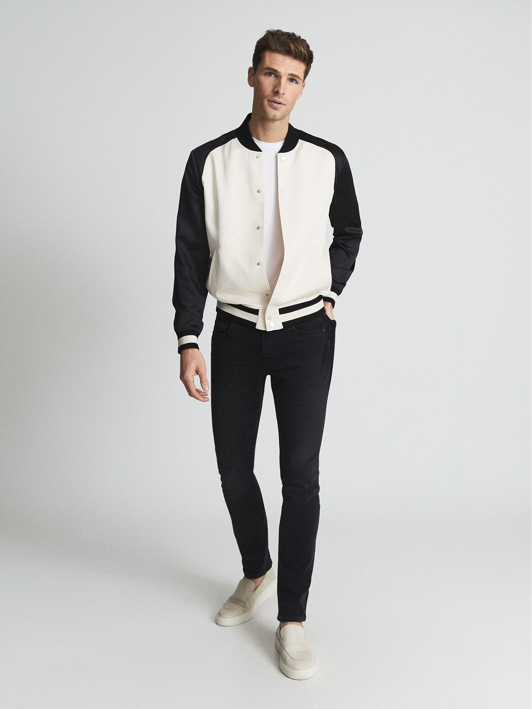 Paige Satin Bomber Jacket in Black/Ecru - Image 1 of 5