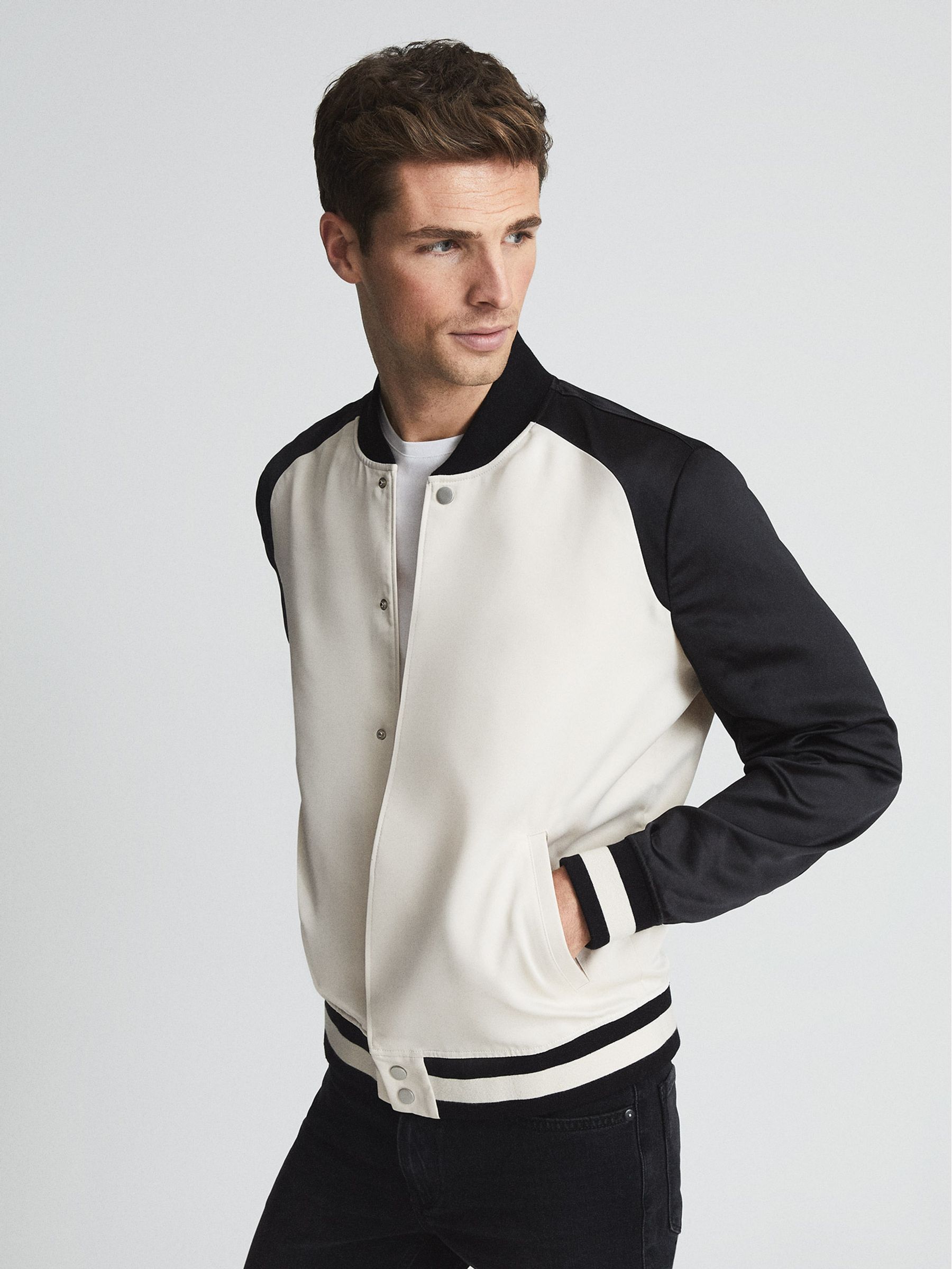 Paige Satin Bomber Jacket in Black/Ecru - Image 3 of 5