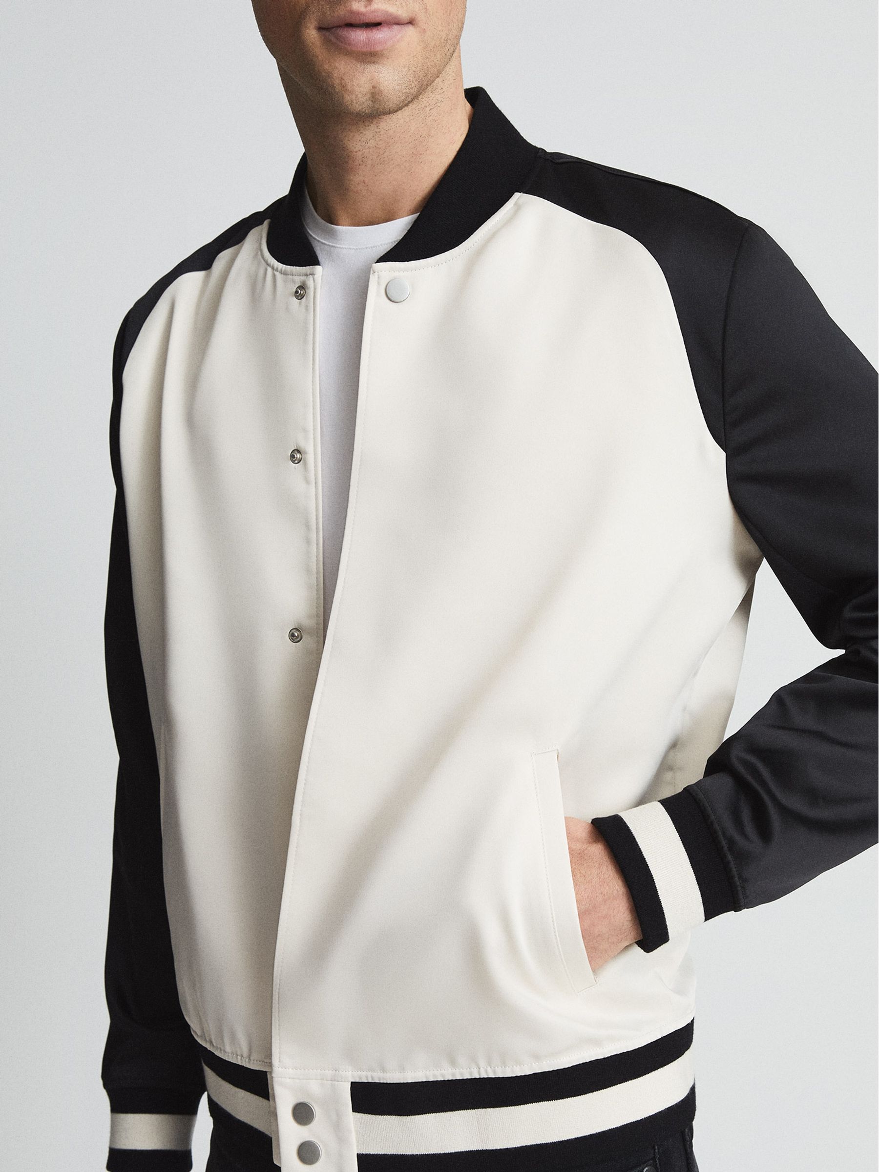 Paige Satin Bomber Jacket in Black/Ecru - Image 4 of 5