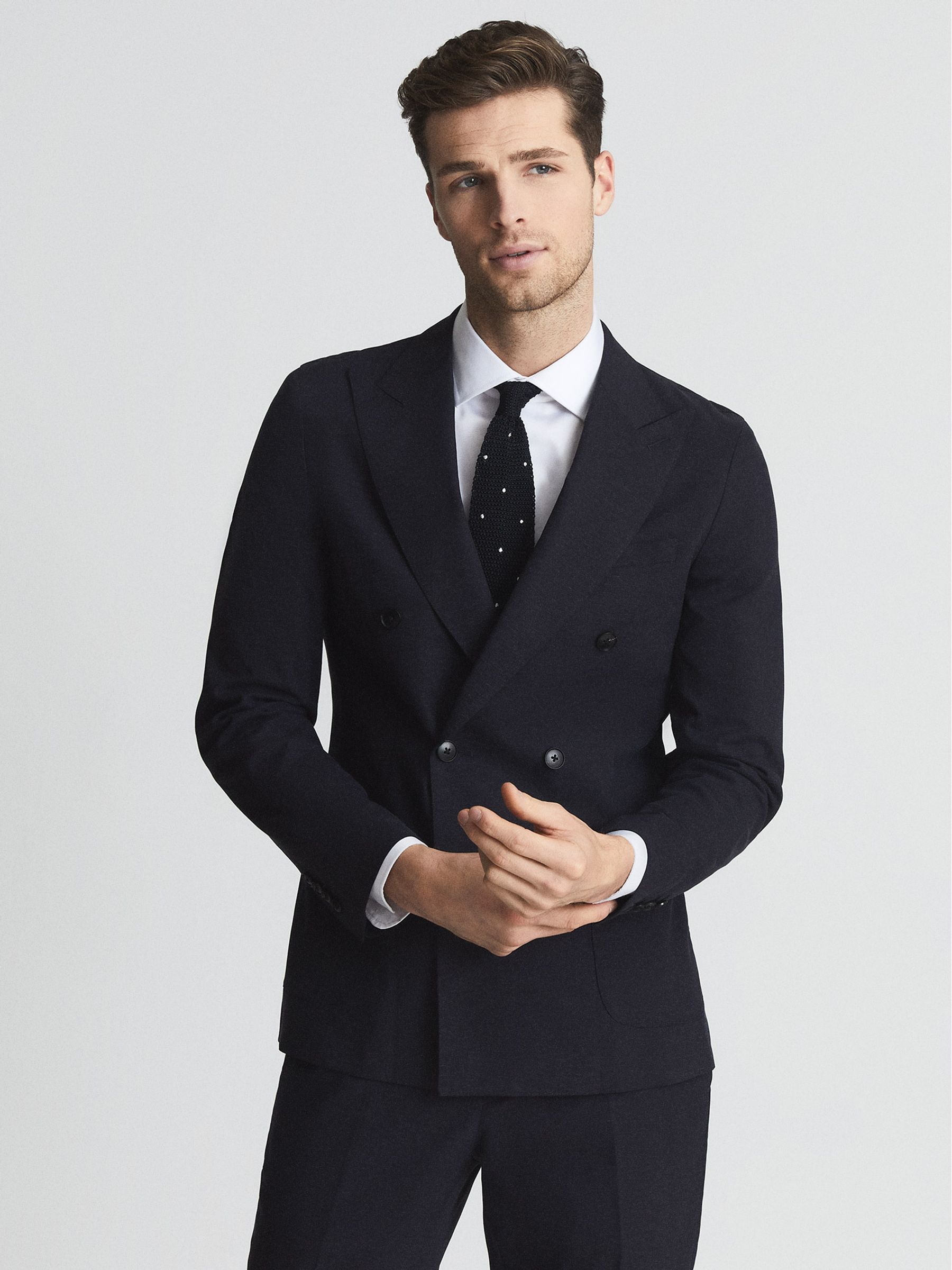Shade Navy Melange Slim Fit Tencel Linen Blend Double Breasted Blazer - Image 1 of 6