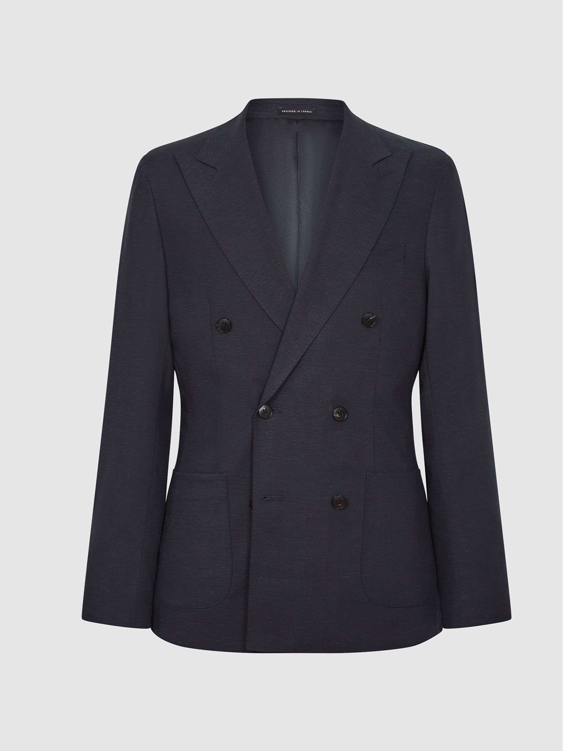 Shade Navy Melange Slim Fit Tencel Linen Blend Double Breasted Blazer - Image 2 of 6