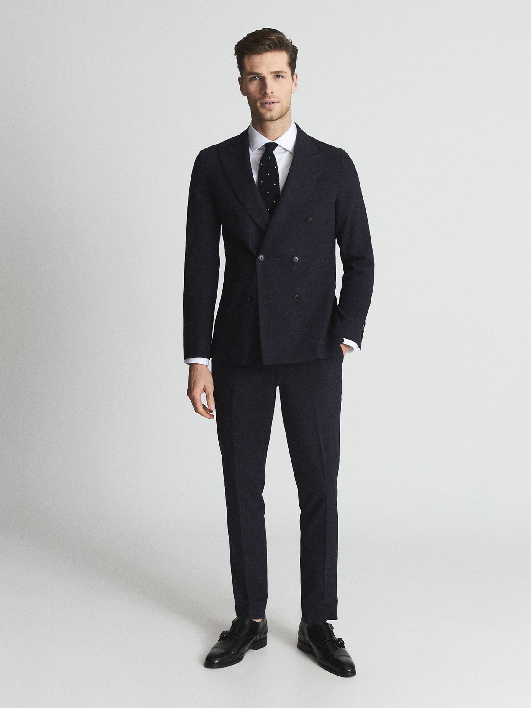 Shade Navy Melange Slim Fit Tencel Linen Blend Double Breasted Blazer - Image 3 of 6