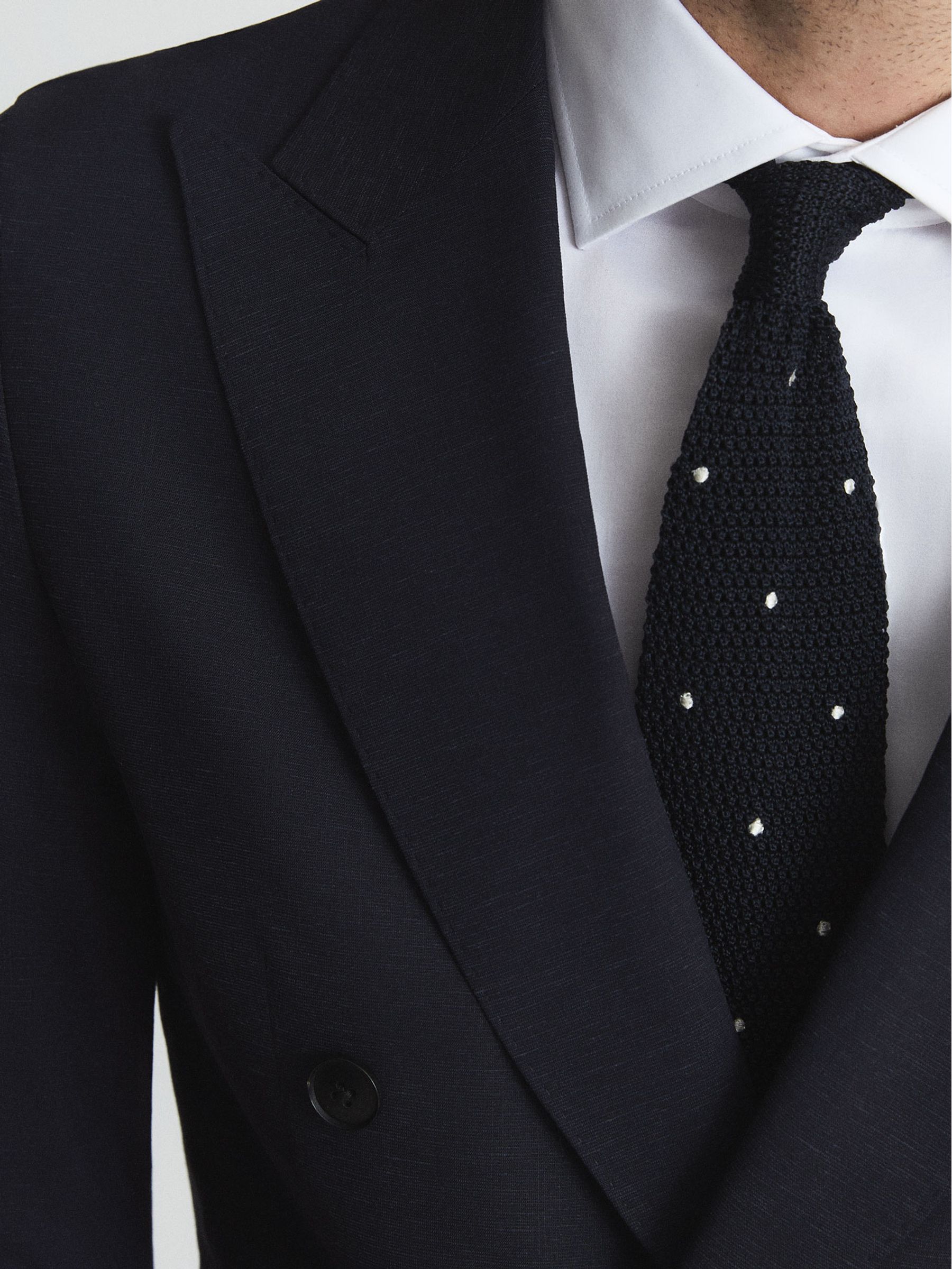 Shade Navy Melange Slim Fit Tencel Linen Blend Double Breasted Blazer - Image 4 of 6