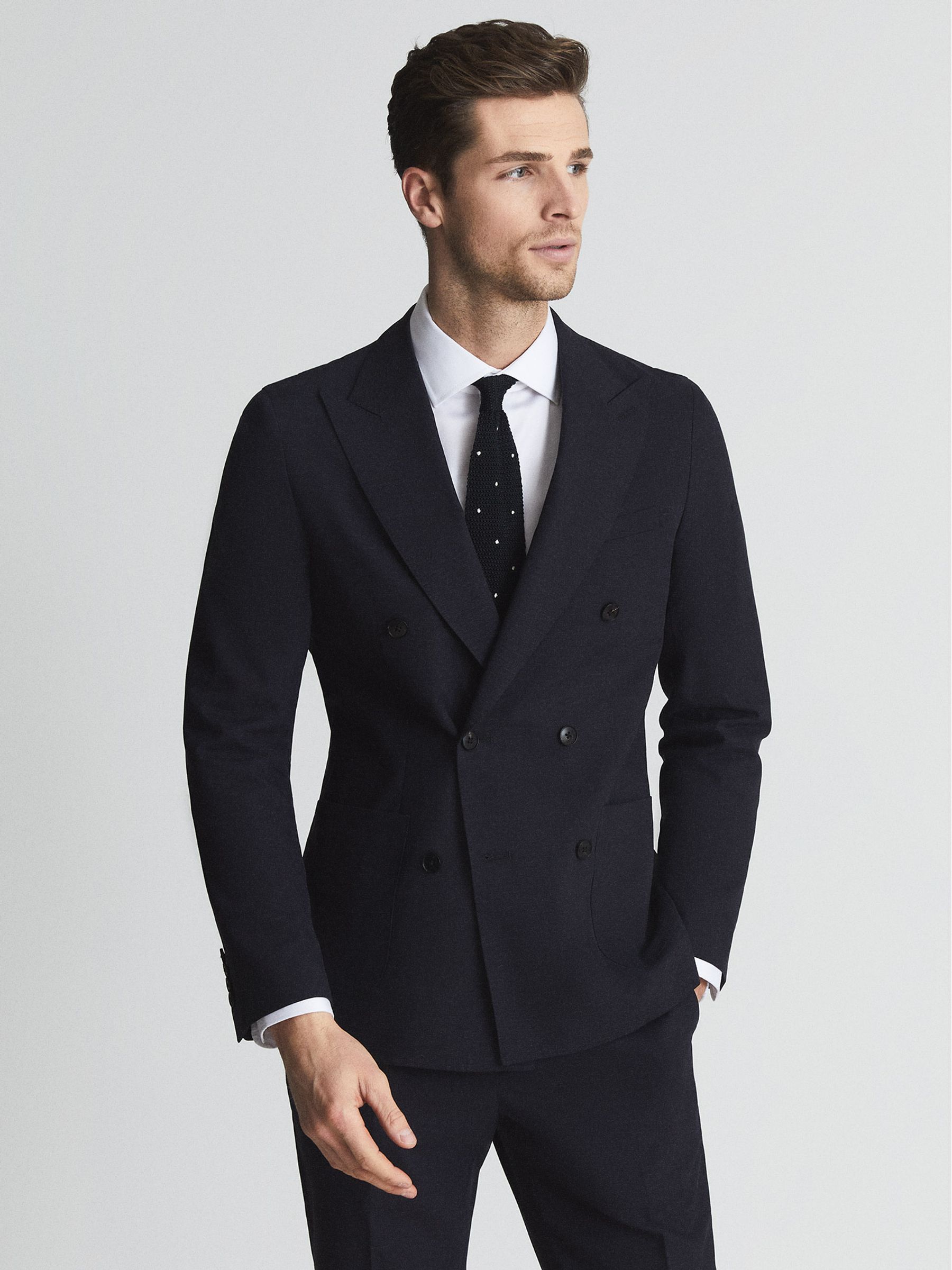 Shade Navy Melange Slim Fit Tencel Linen Blend Double Breasted Blazer - Image 6 of 6