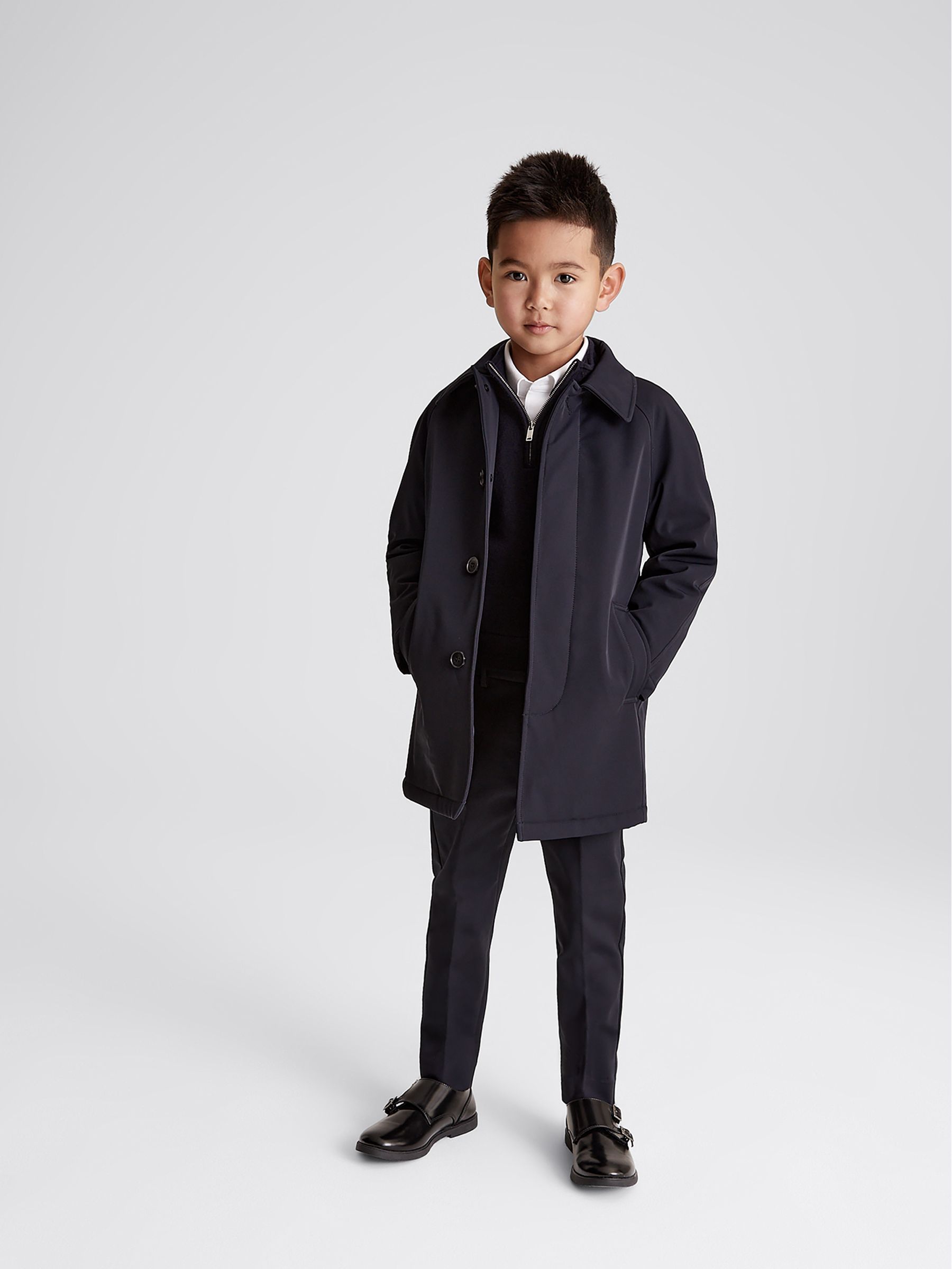 Single Breasted Long Length Mac in Navy - Image 1 of 7