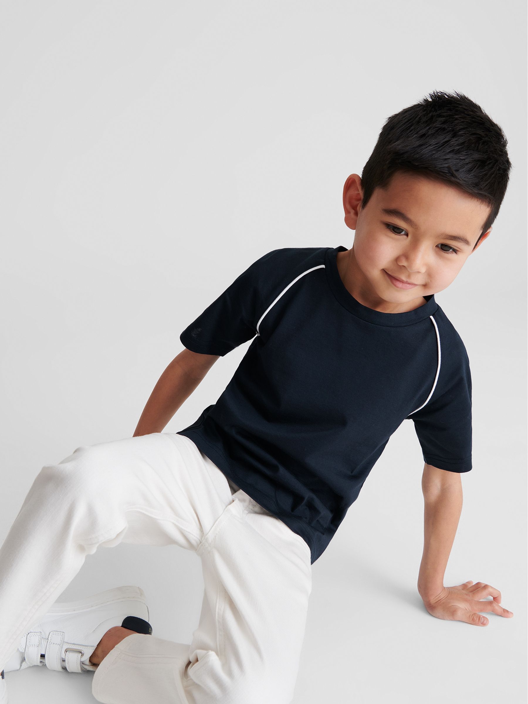 Piped Knitted Trim Crew Neck Tee in Navy - Image 1 of 6