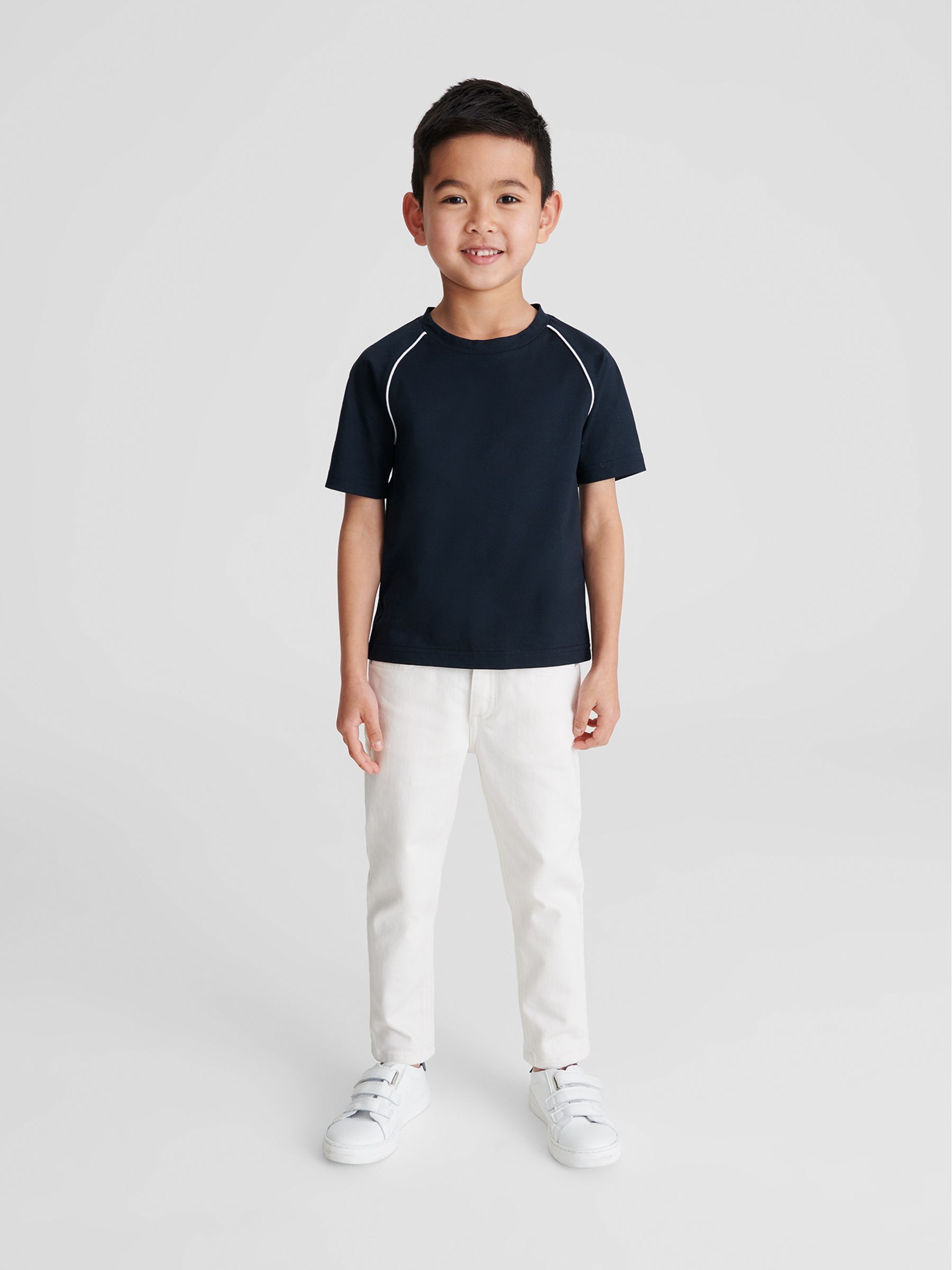 Piped Knitted Trim Crew Neck Tee in Navy - Image 3 of 6