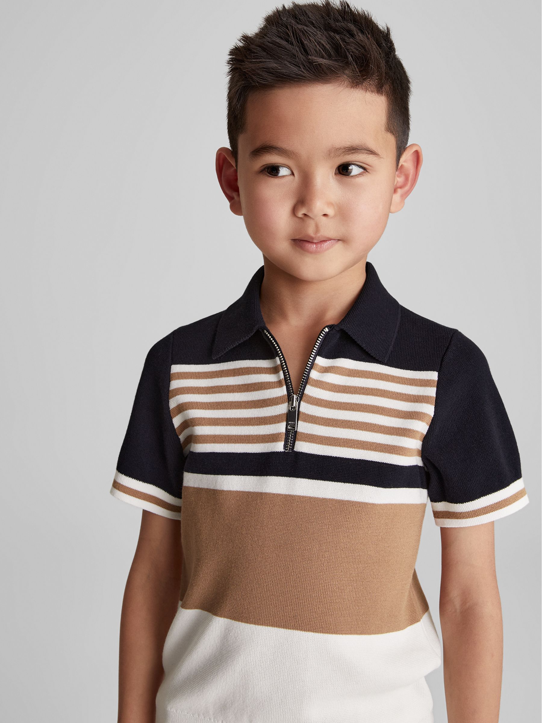 Half Zip Colourblock Polo T-Shirt in Camel/Navy - Image 1 of 6 Half Zip Colourblock Polo T-Shirt in Camel/Navy - Image 1 of 6