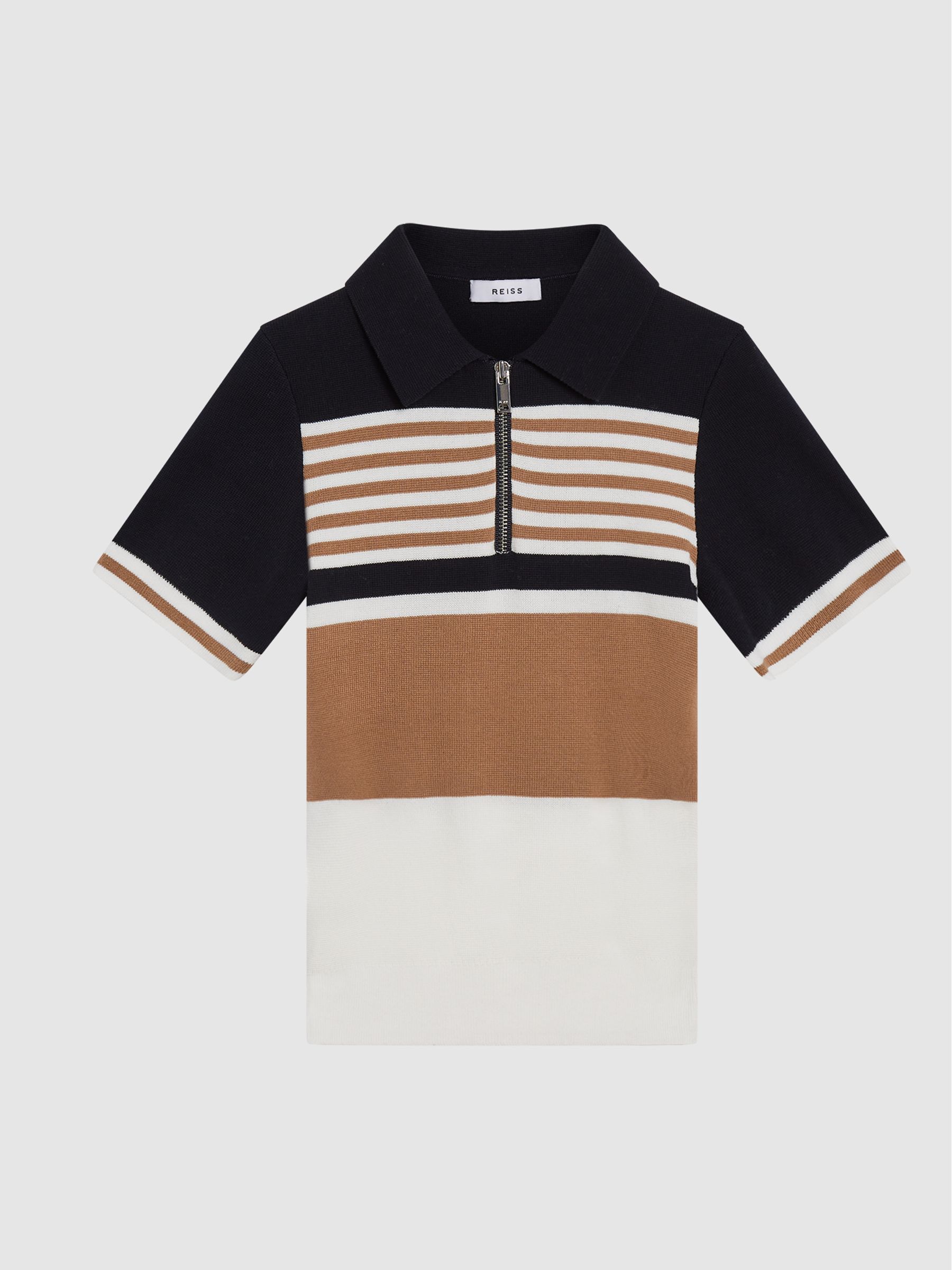 Half Zip Colourblock Polo T-Shirt in Camel/Navy - Image 2 of 6 Half Zip Colourblock Polo T-Shirt in Camel/Navy - Image 2 of 6