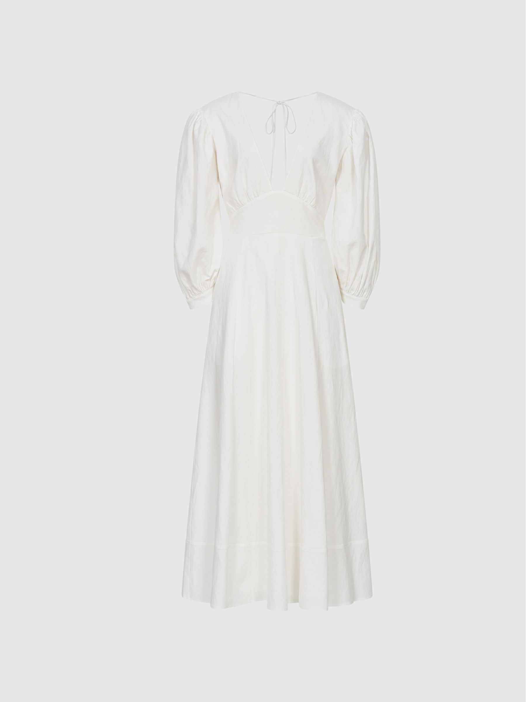 Puff Sleeve Plunge Midi Dress in White - Image 2 of 7 Puff Sleeve Plunge Midi Dress in White - Image 2 of 7