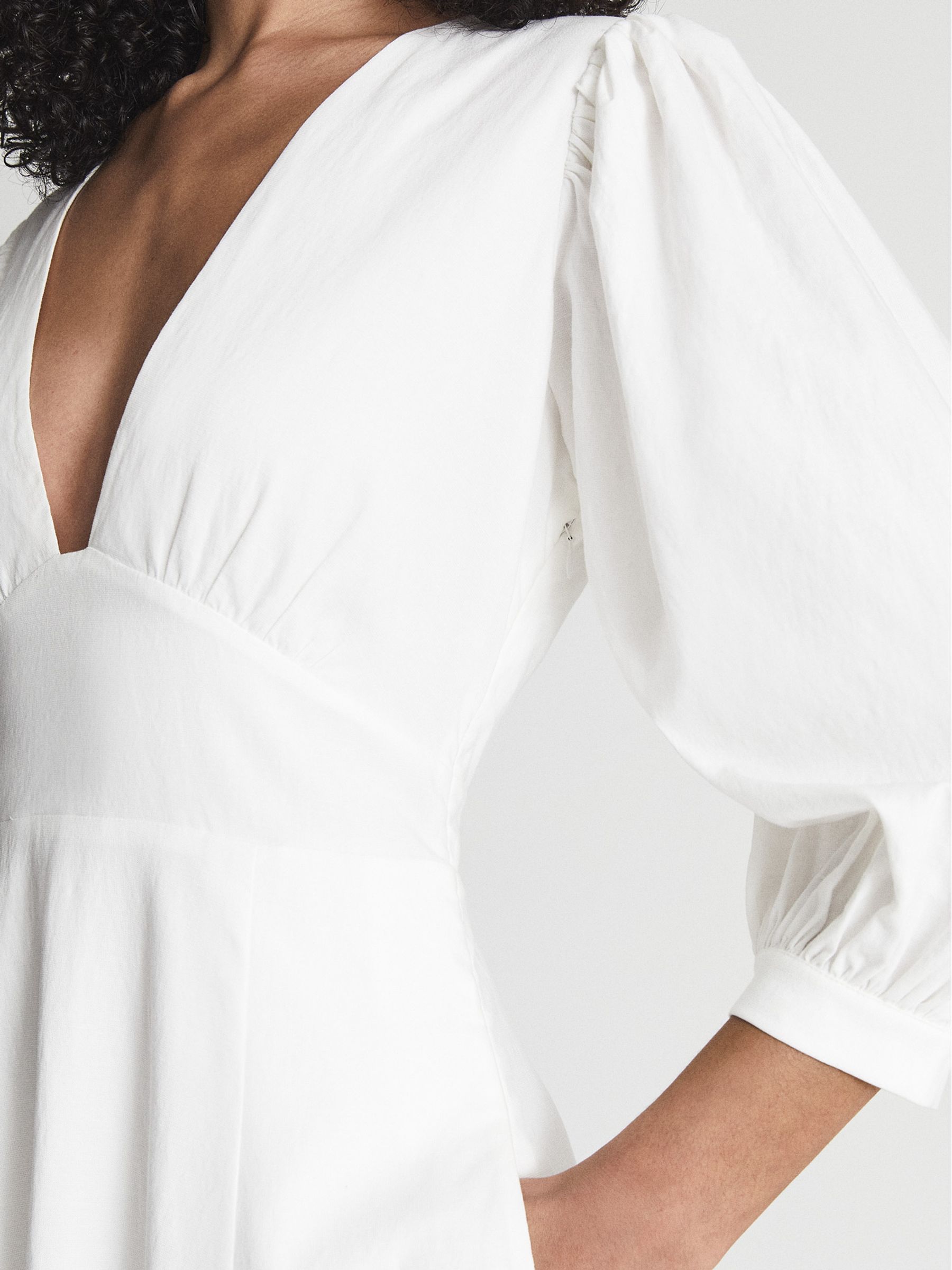 Puff Sleeve Plunge Midi Dress in White - Image 4 of 7