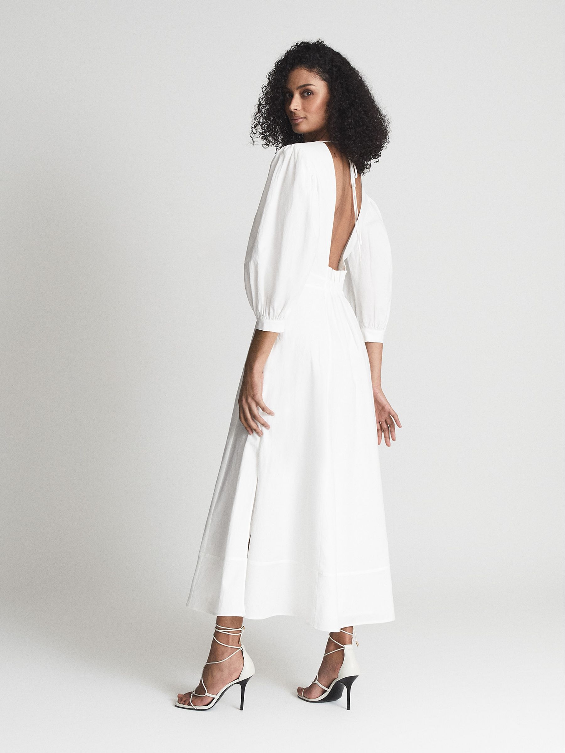 Puff Sleeve Plunge Midi Dress in White - Image 5 of 7
