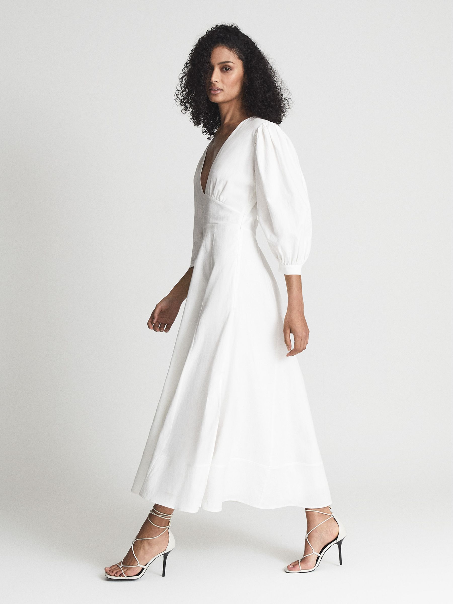 Puff Sleeve Plunge Midi Dress in White - Image 6 of 7