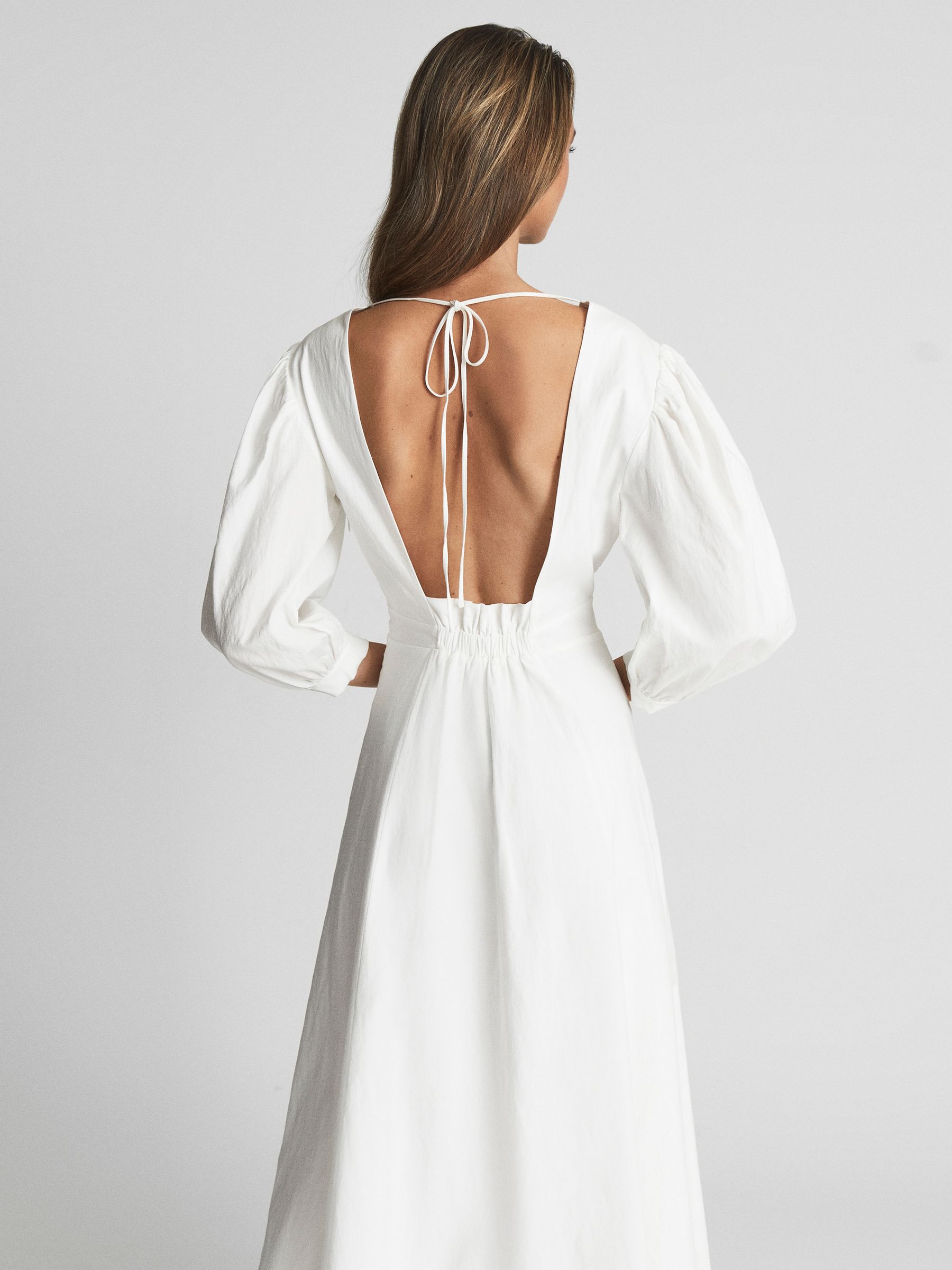 Puff Sleeve Plunge Midi Dress in White - Image 7 of 7