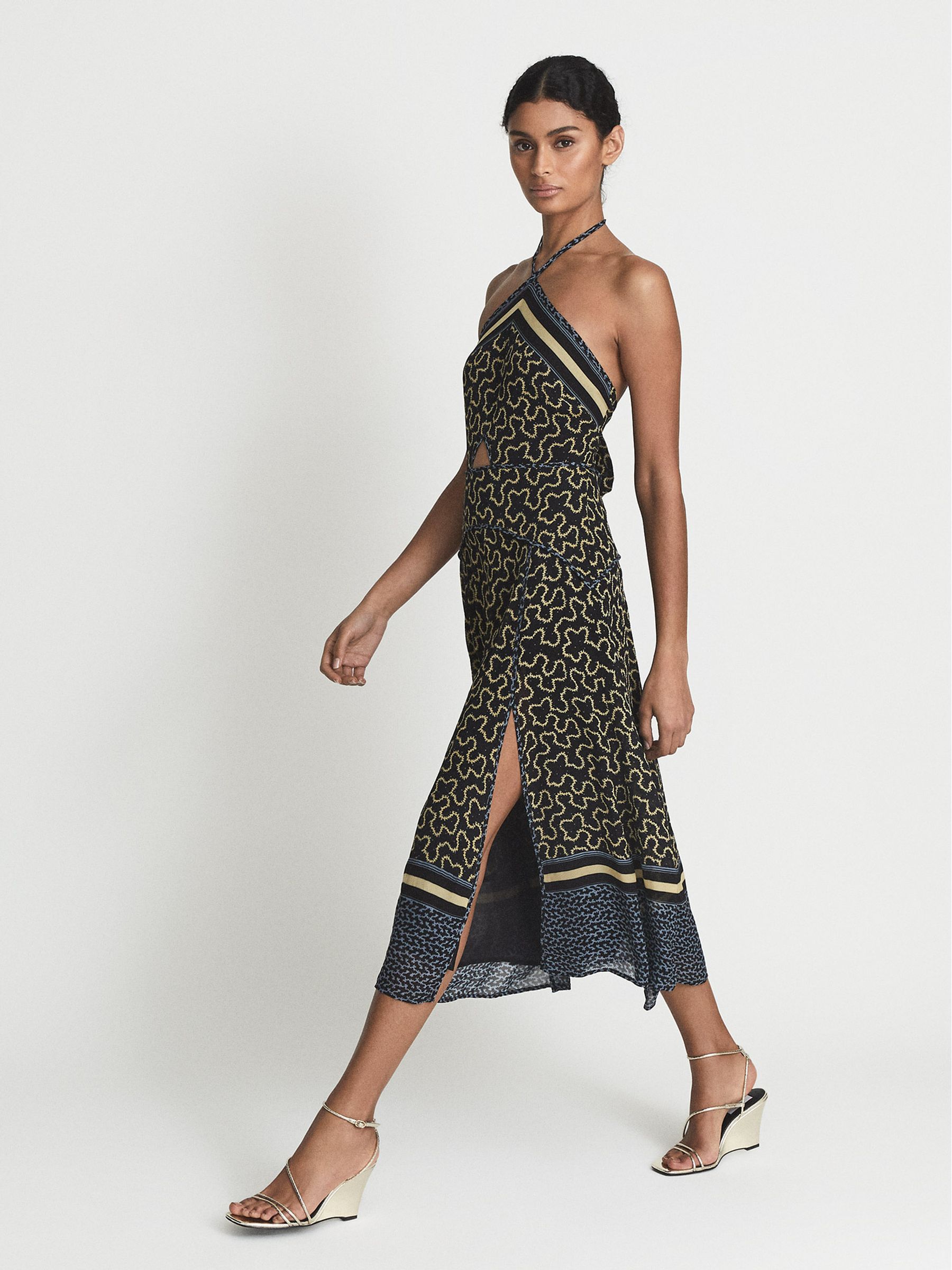 Petite Printed Cut-Out Midi Dress in Navy/Yellow - Image 1 of 7